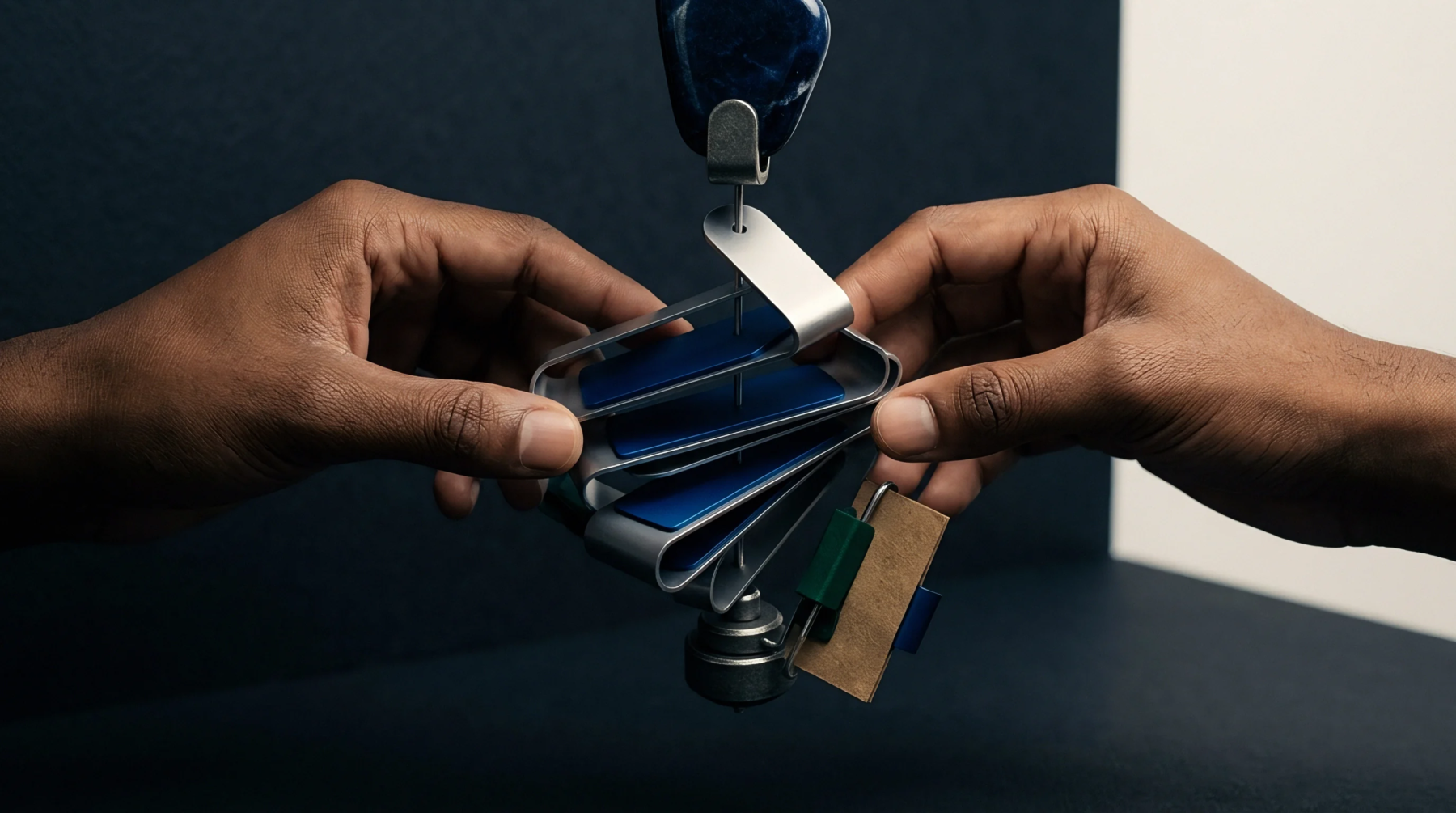 Hands manipulate a complex metallic assembly with layered blue panels and attached components presented against a dark industrial backdrop.