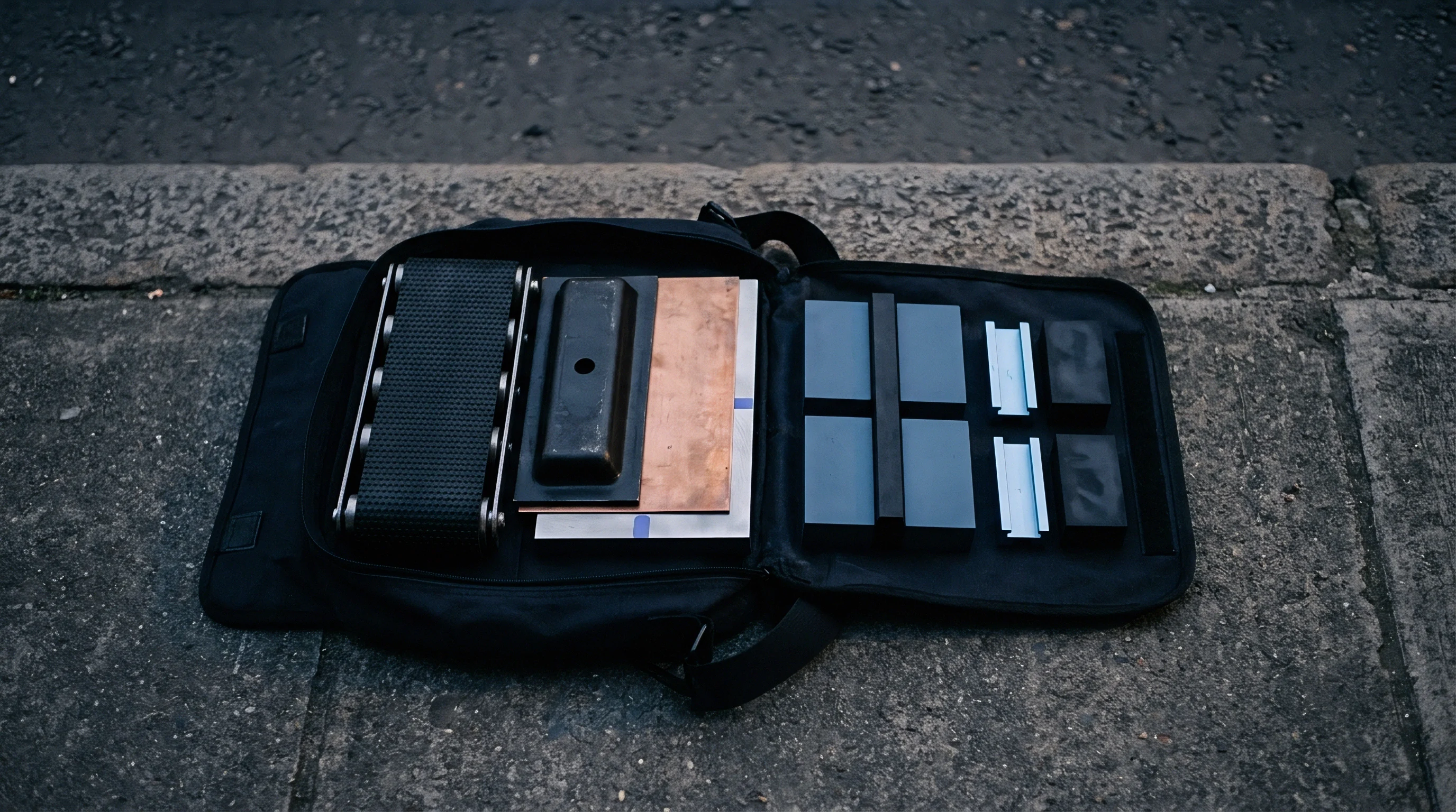 A black zippered organizer bag lies open on concrete pavement displaying structured compartments with metal plates rollers and specialized industrial components.