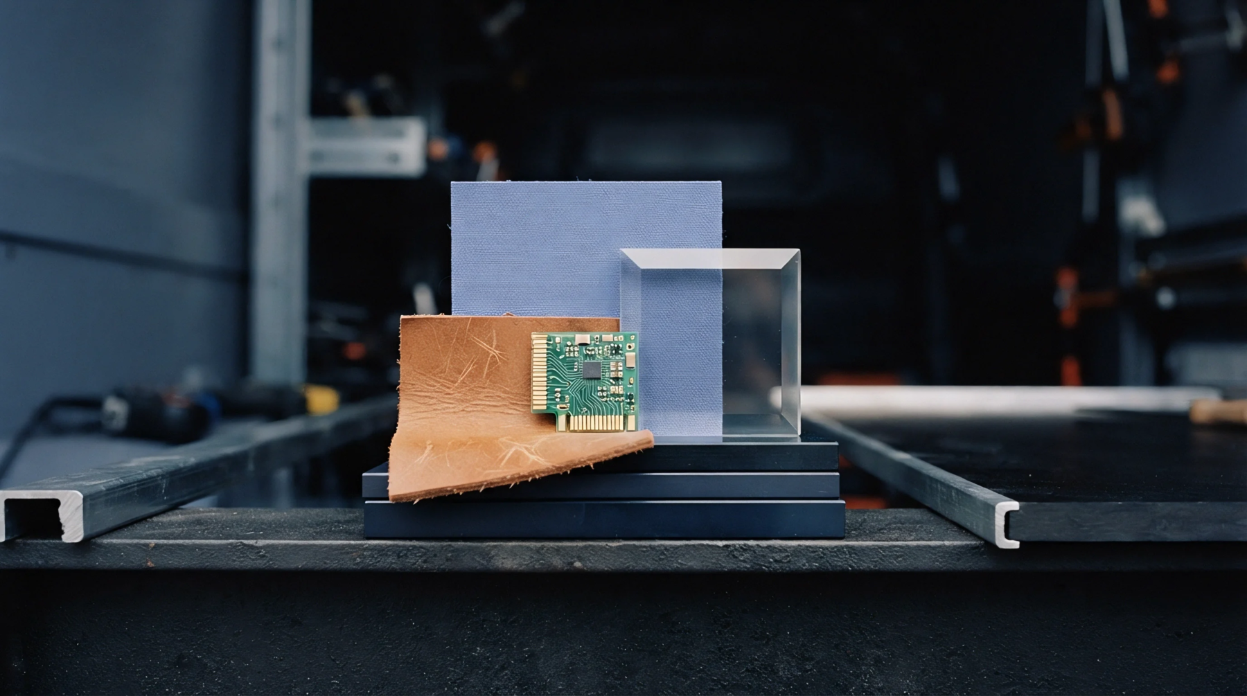 A printed circuit board rests on raw leather alongside textured blue panels and a transparent acrylic block inside a manufacturing workshop.
