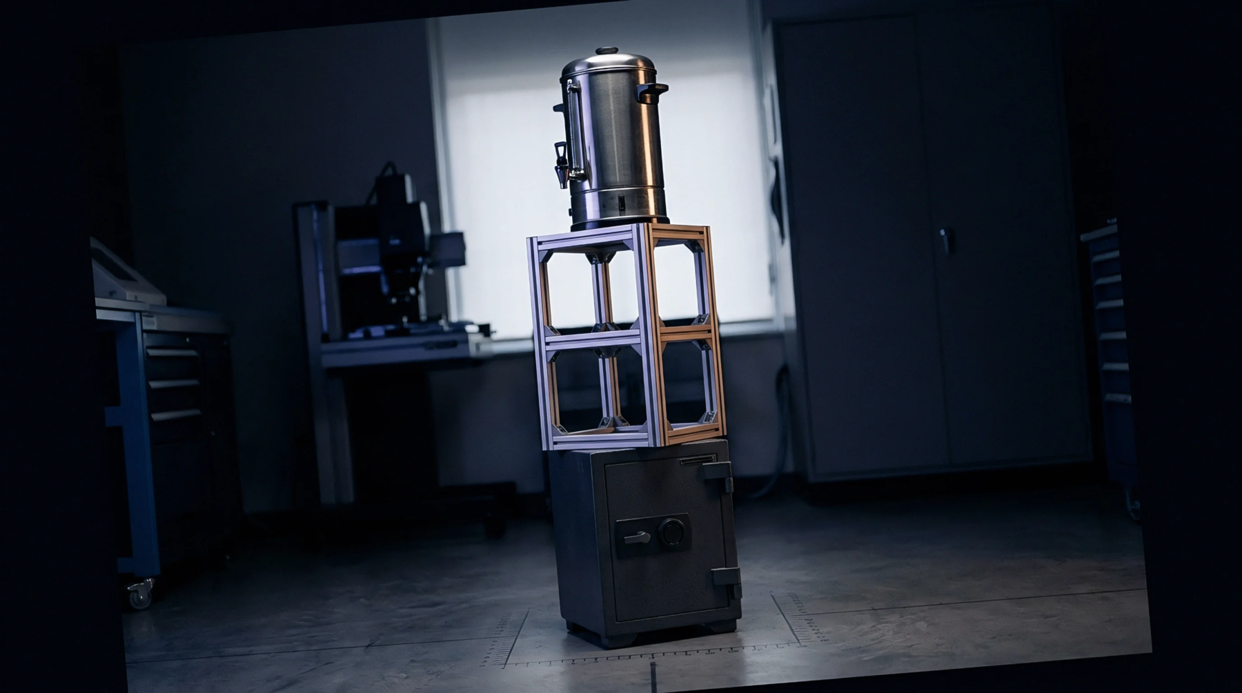 A metal dispenser rests on an aluminum extrusion frame atop a steel safe in a dim industrial laboratory workshop.