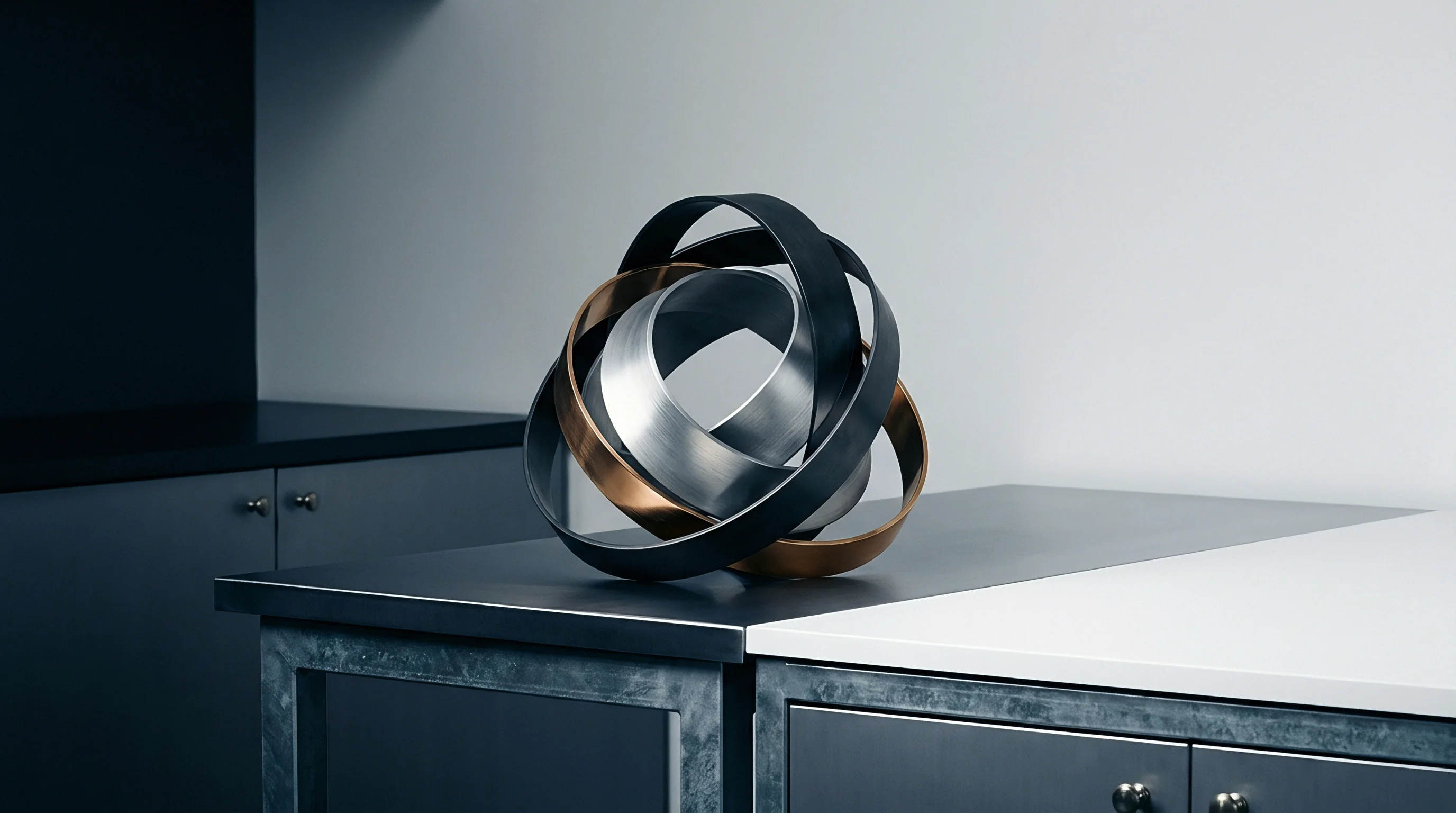 Three nested metal bands finished in bronze steel and black sit on a dual finish industrial workbench within an organized assembly laboratory.
