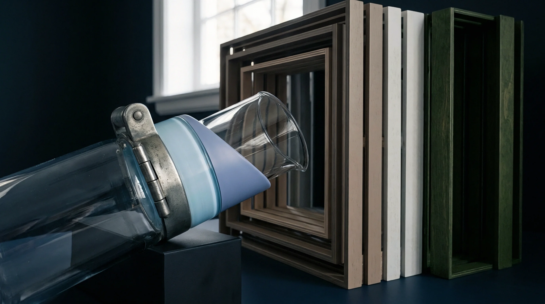 A glass process vessel and nested wooden frames of varying sizes stand on a dark surface in an industrial setting.