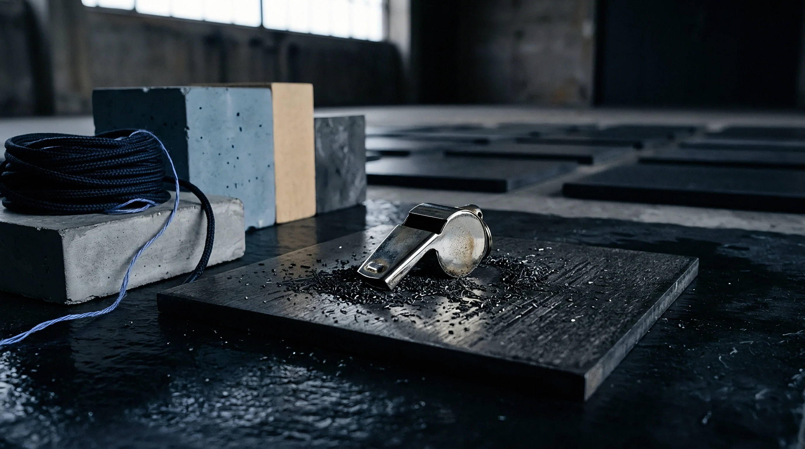 A polished metal whistle sits among metal shavings on a dark industrial surface, alongside coiled rope and concrete blocks in an open facility.