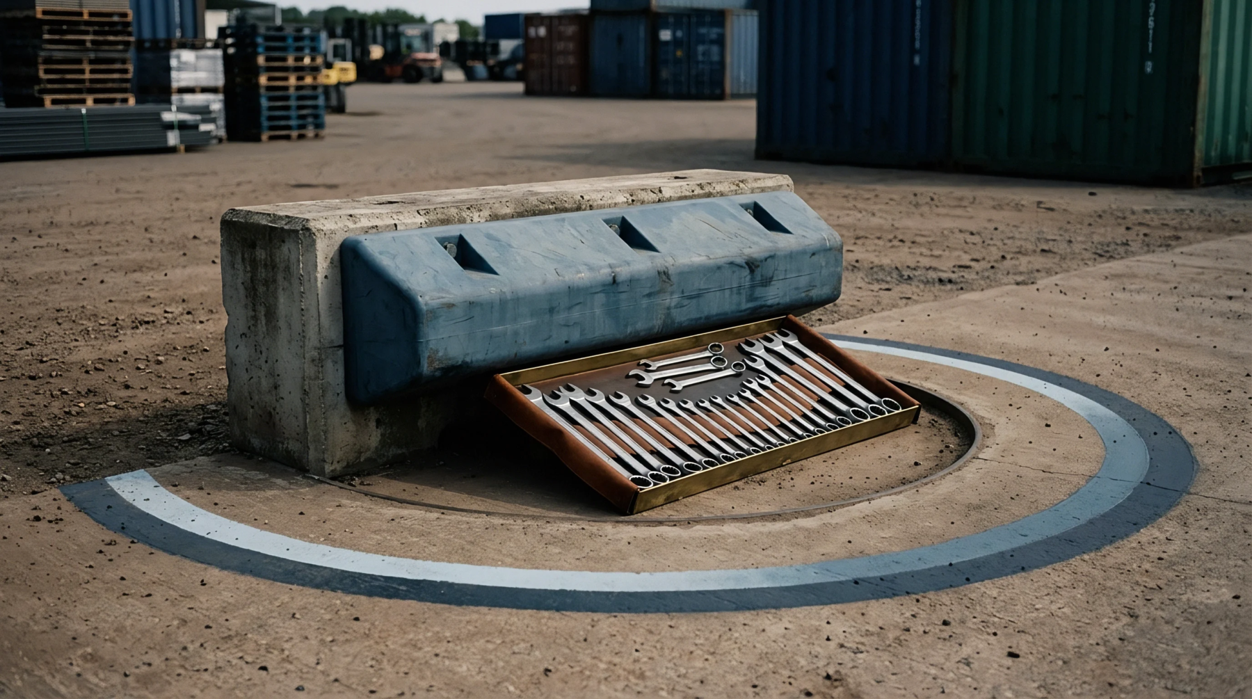 A heavy concrete barrier block with an attached blue bumper is partially raised, revealing a tray of organized metal wrenches in an industrial setting.
