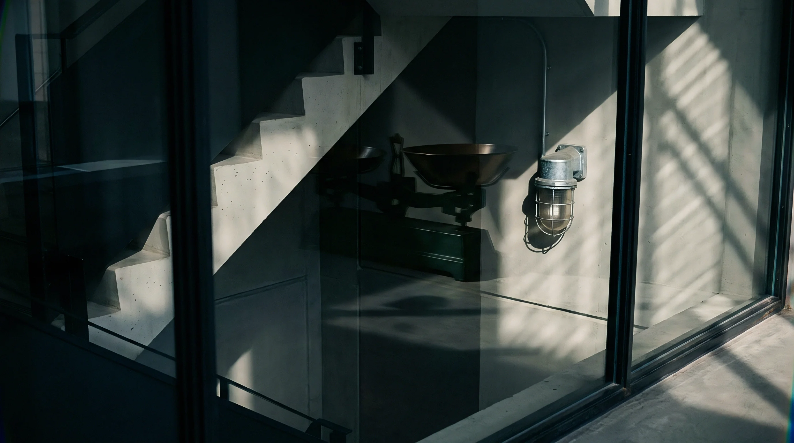 A scale for weighing and a concrete staircase are situated within a reflective industrial space, indicating process measurement and progress.