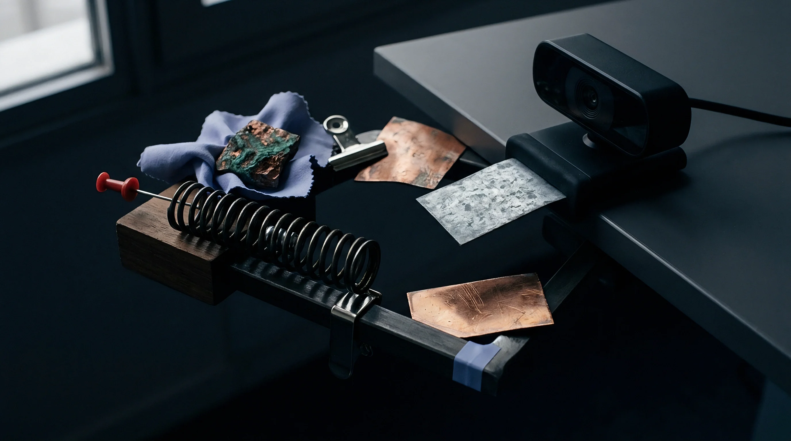 A webcam points toward copper and galvanized metal sheets secured by a spring and clamp mechanism on an industrial workbench.