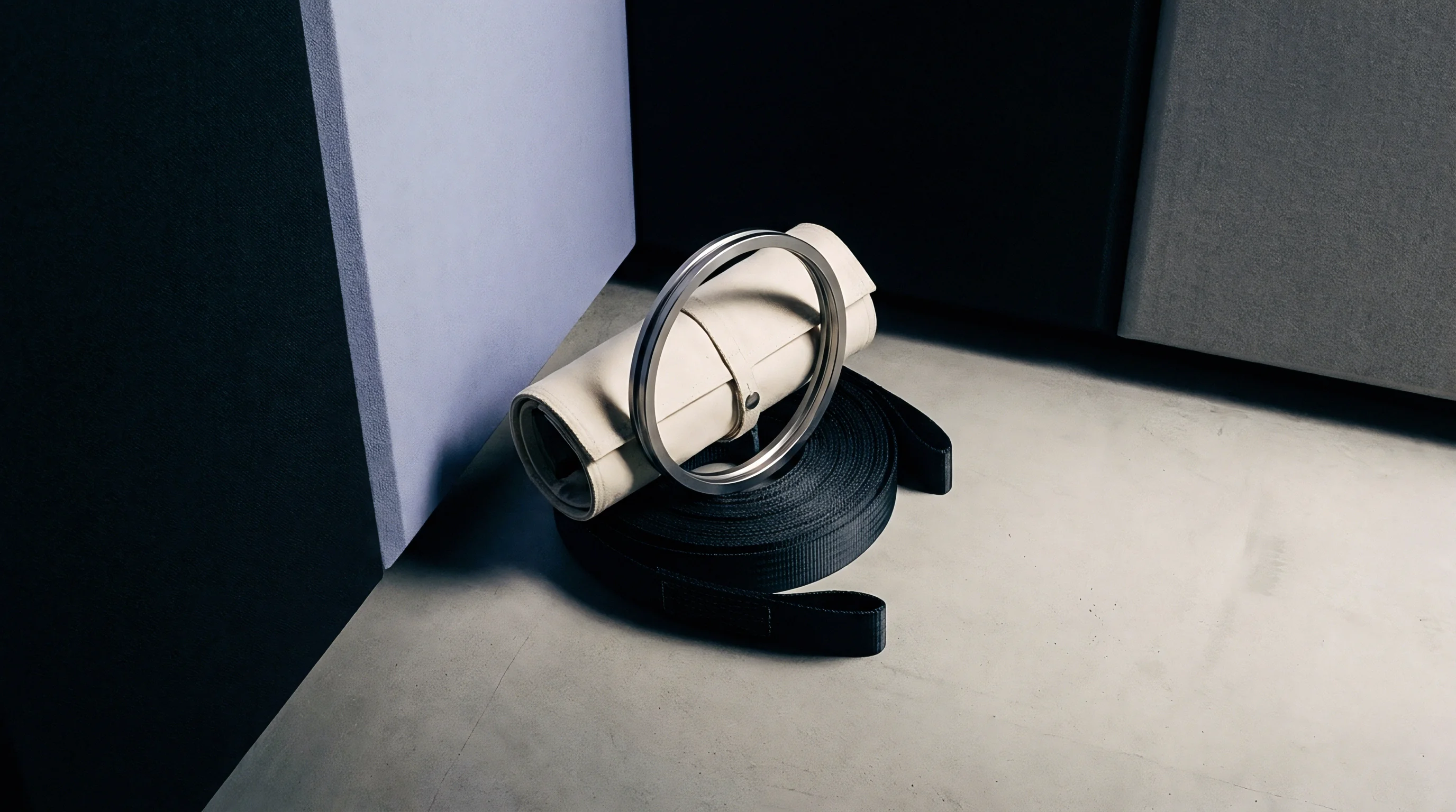 A rolled fabric strap with a steel ring rests on a coiled black nylon webbing band on a concrete floor.