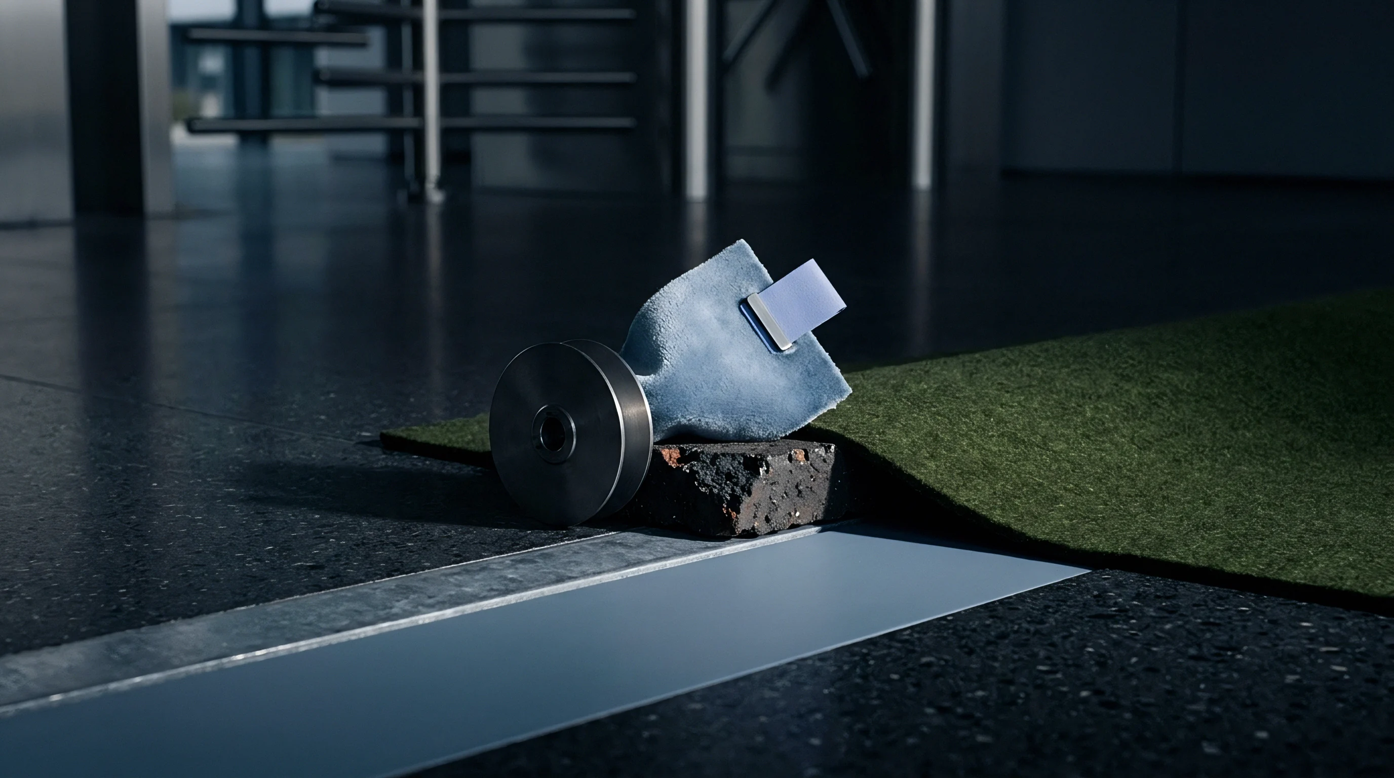 An industrial roller and a textile sleeve rest on a dark polished floor next to a green fabric mat.