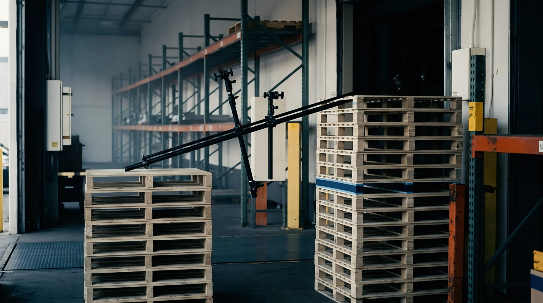 Two tall stacks of wooden pallets stand on a warehouse floor with metal lighting support poles balanced between them.