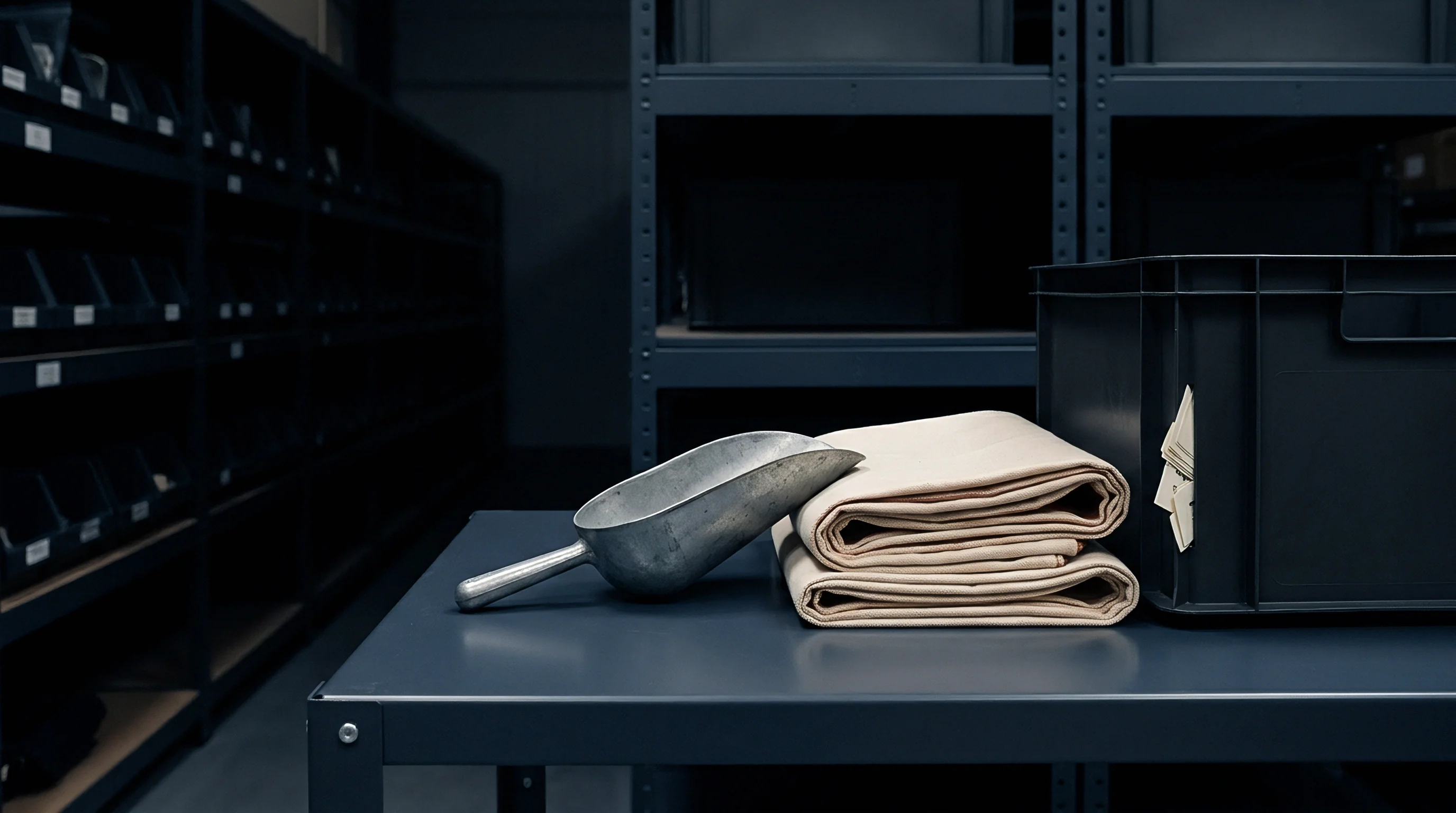 An aluminum scoop rests beside stacked textile material on a dark workbench within an organized industrial storage facility.