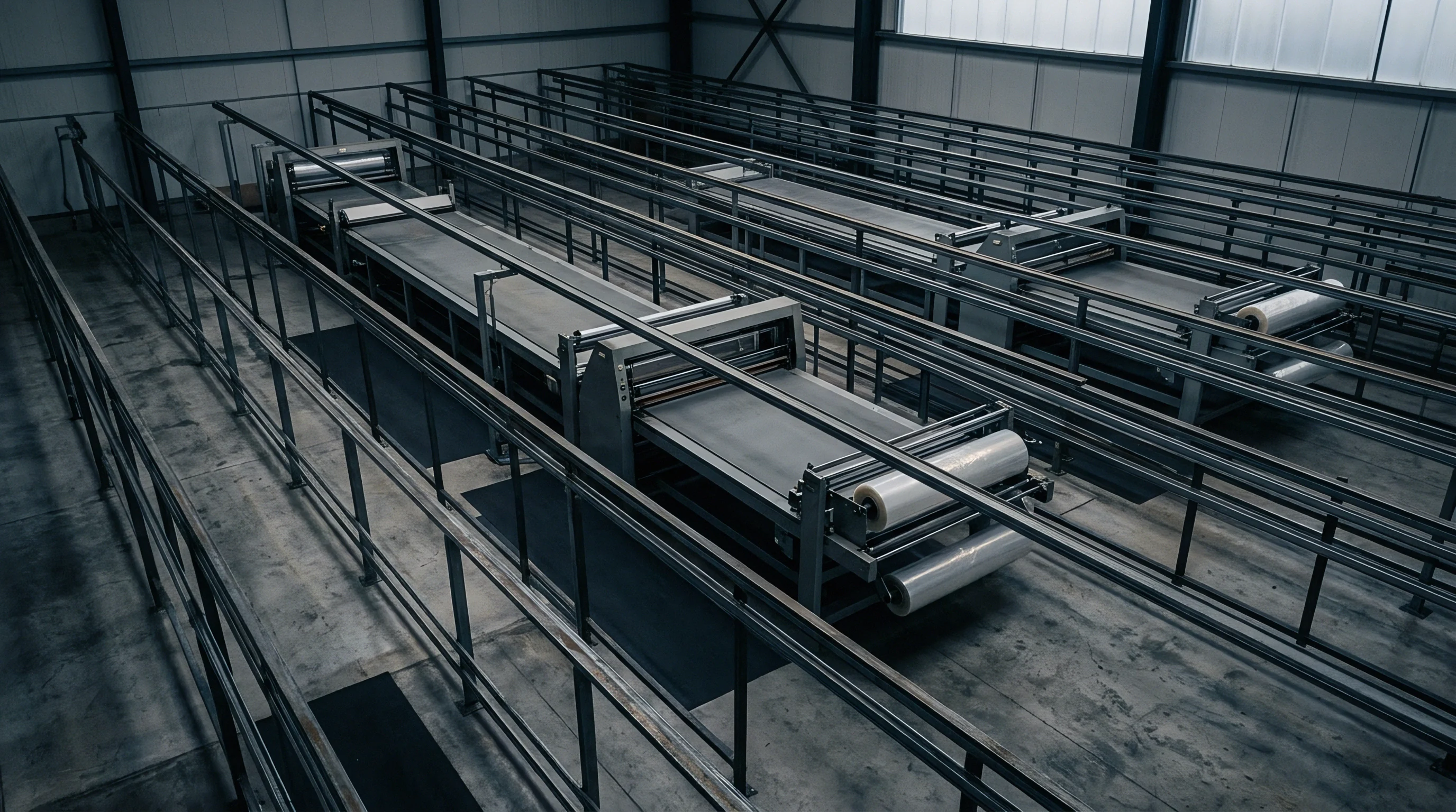Multiple steel conveyor lines equipped with rollers and plastic film rolls extend across a vast concrete industrial warehouse floor.