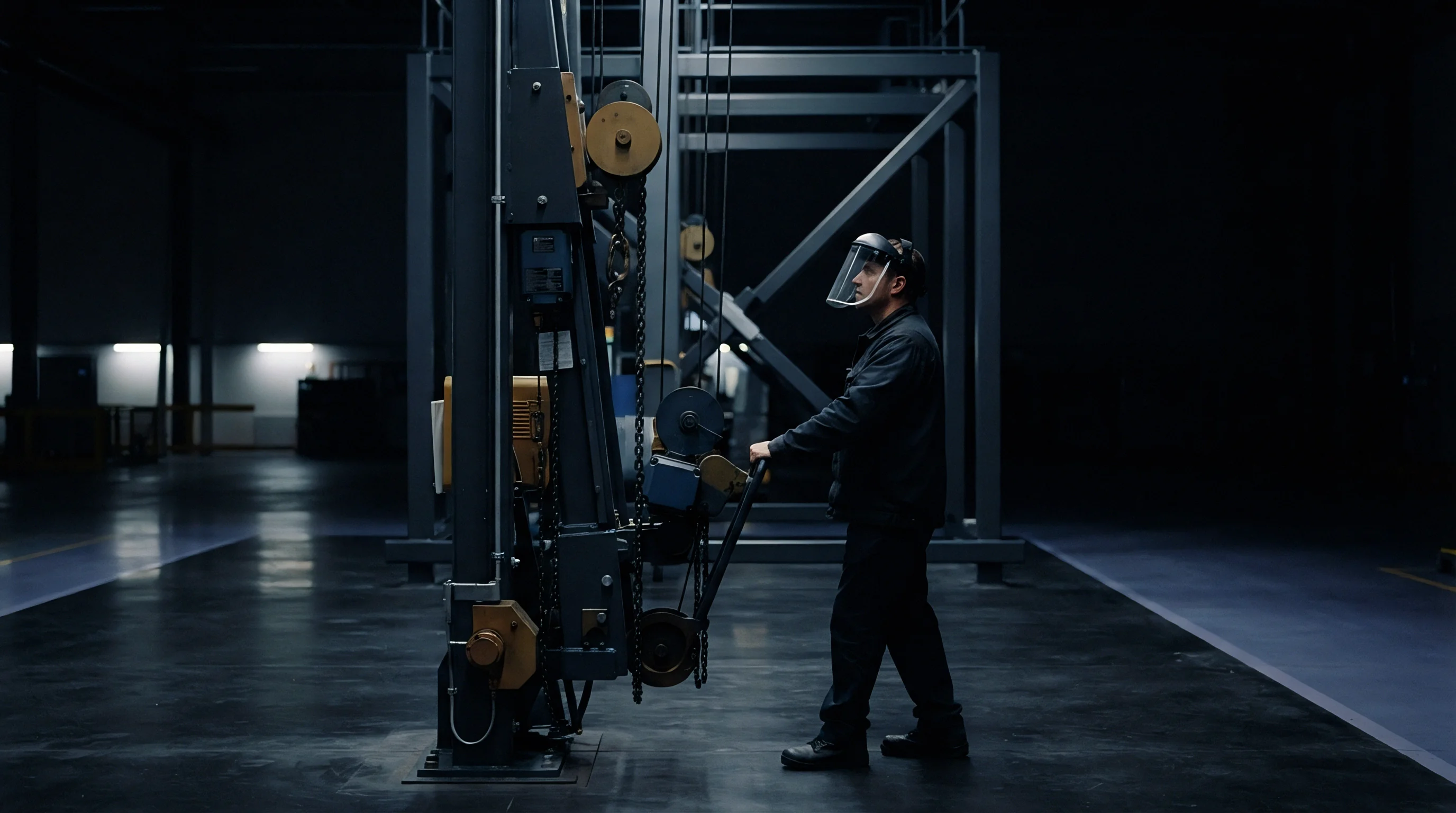 An industrial worker wearing a protective visor operates heavy mechanical lifting equipment inside a dark factory facility during production shifts.