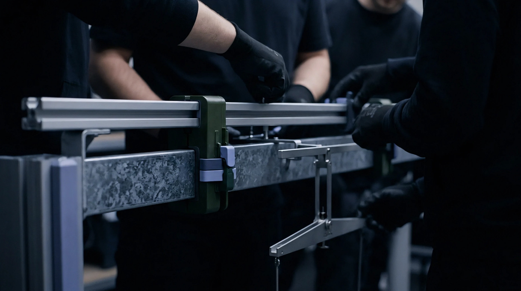 Hands in black gloves meticulously align and secure modular aluminum extrusion profiles with specialized clamps and fasteners on a textured metal surface.