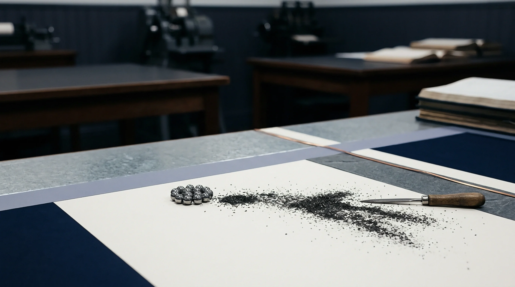 Steel ball bearings and iron filings rest on a flat work surface within a clean assembly area inside a manufacturing workshop.