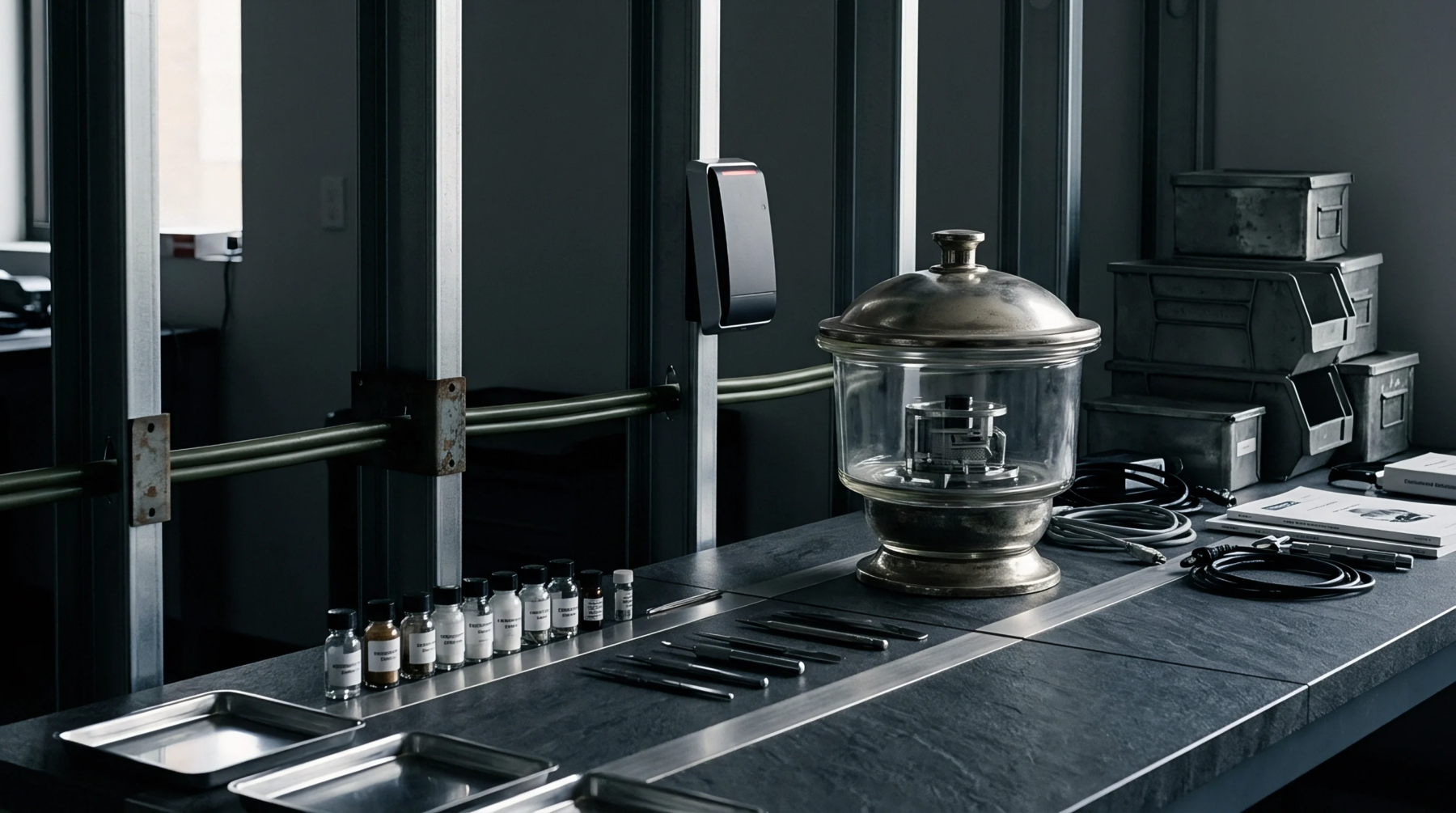 A specialized workstation displays a glass desiccator chamber alongside metallic vials tweezers and storage bins on a slate work surface.