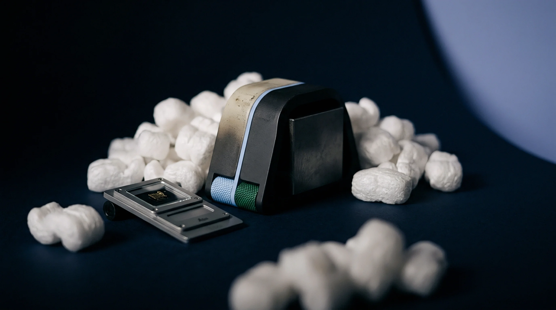 Precision microelectronic sensor components sit among polystyrene packing foam on a dark surface during unpacking for industrial assembly.