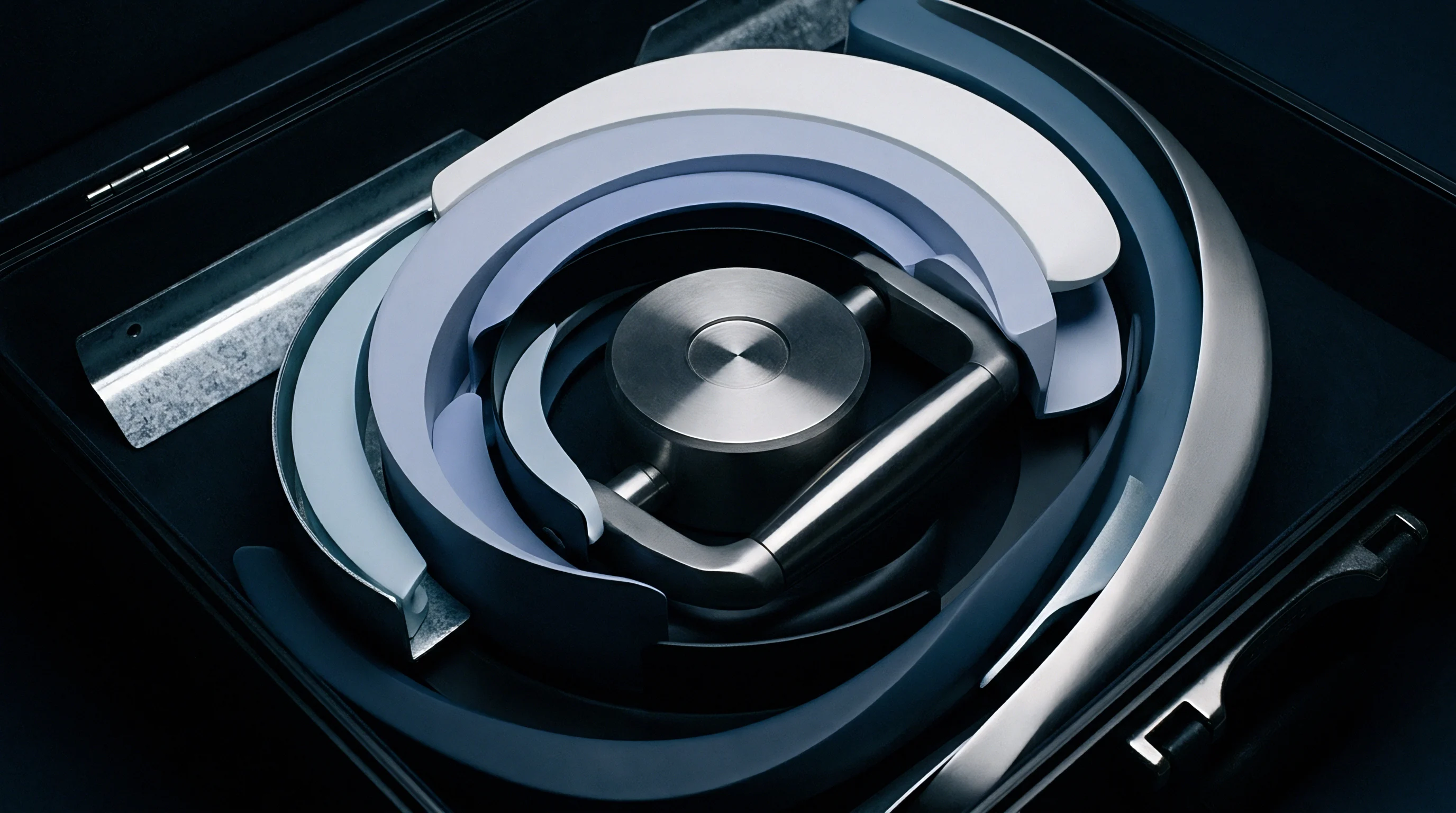A detailed render shows a complex industrial component with layered concentric rings made of polished steel and composite materials, assembled around a central unit.