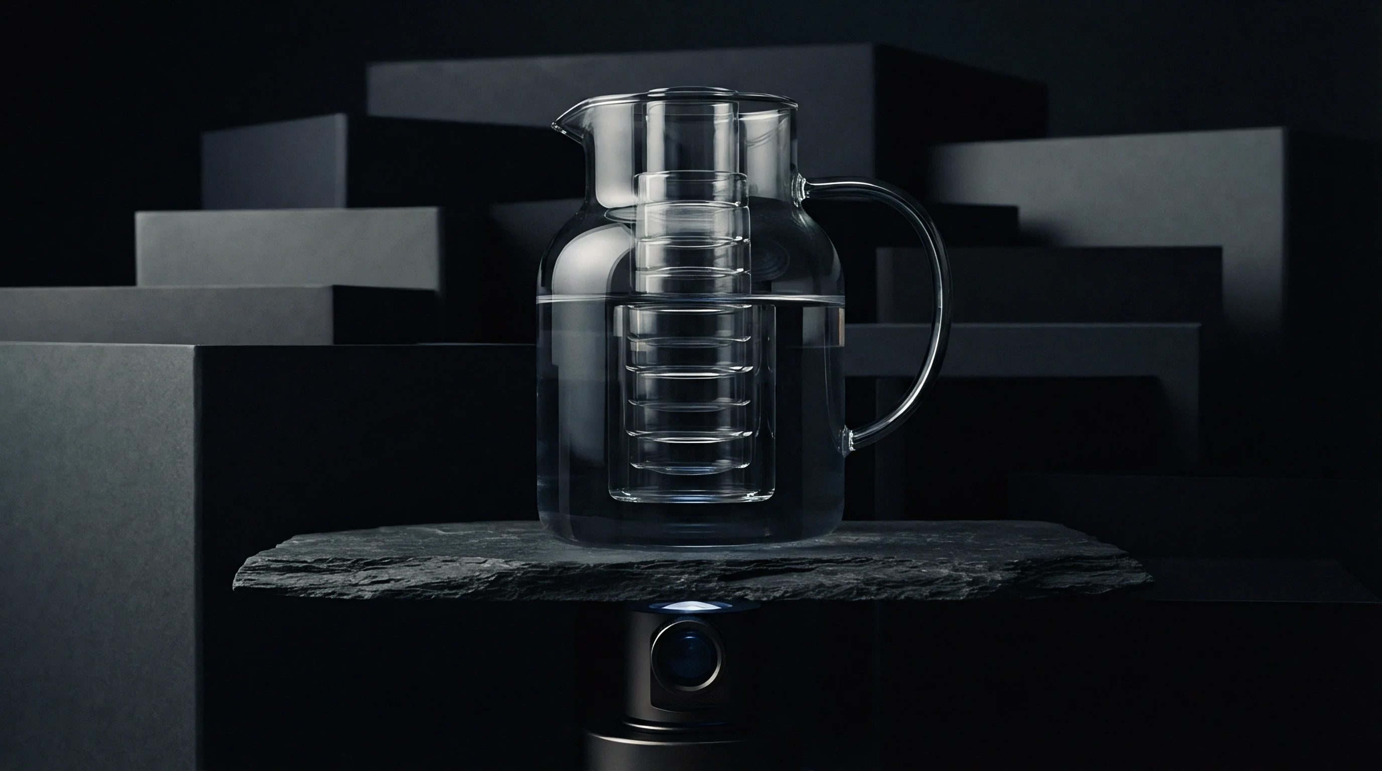 A transparent glass pitcher with an internal filter sits atop a dark slate platform positioned amidst stacked geometric industrial blocks.