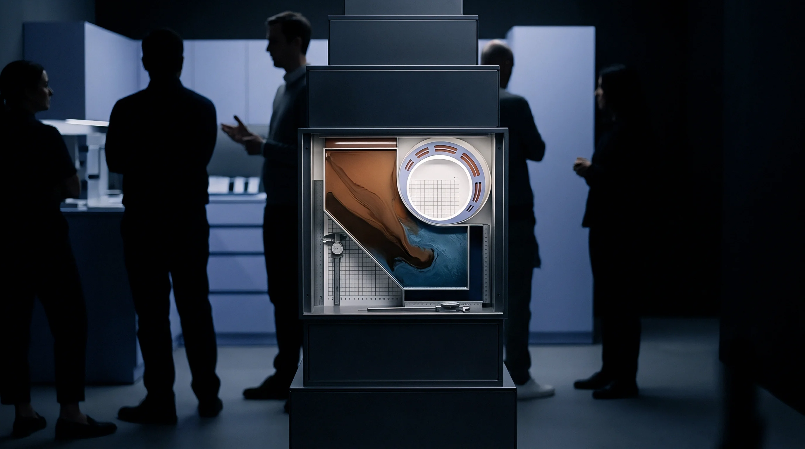 Silhouetted personnel gather around a central display case featuring digital flow visualization diagrams integrated with high precision calipers and measurement components in a dark laboratory.