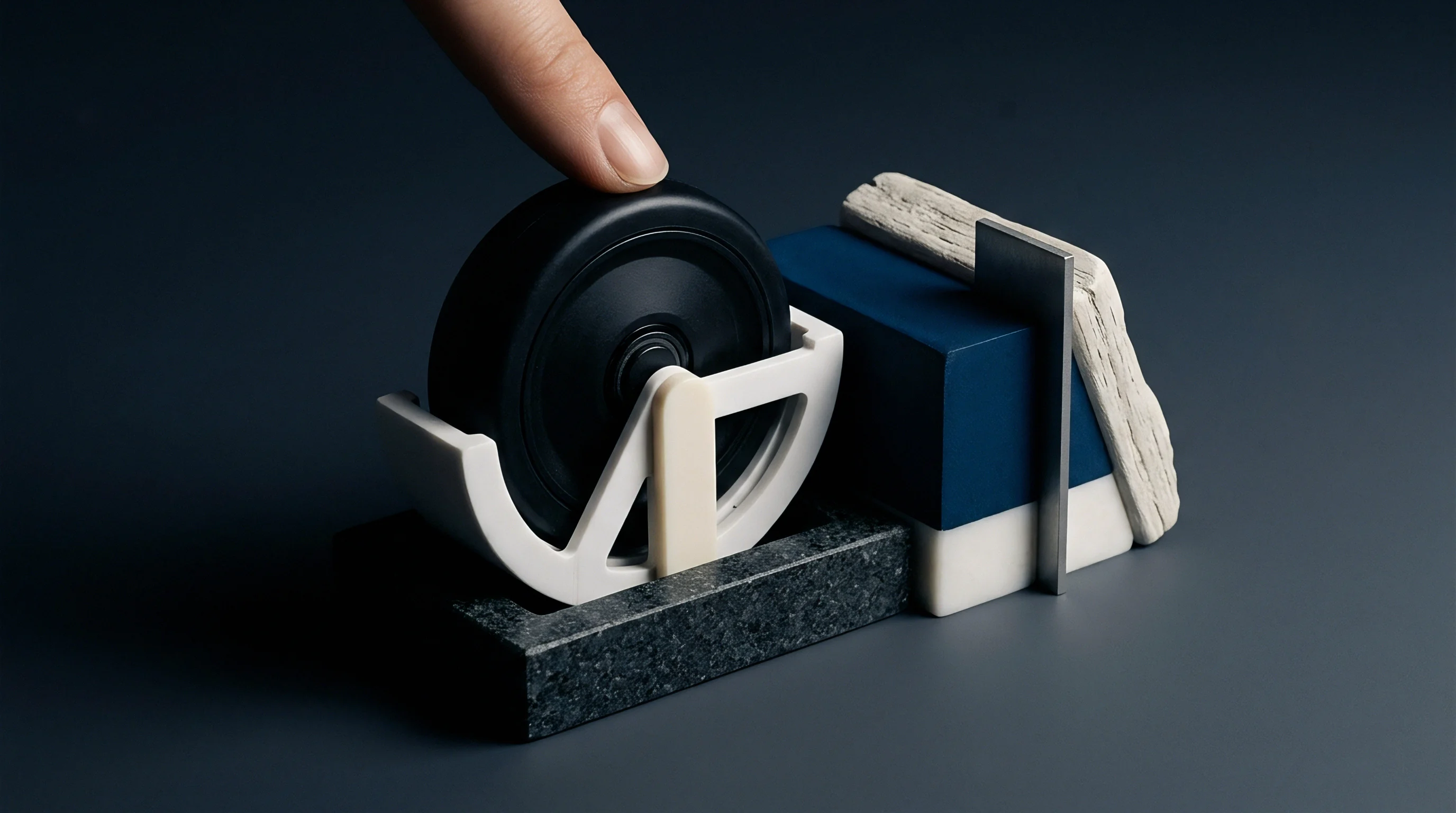 A finger pushes a black wheel mounted within a white plastic bracket attached to textured stone and blue block geometry on a dark surface.