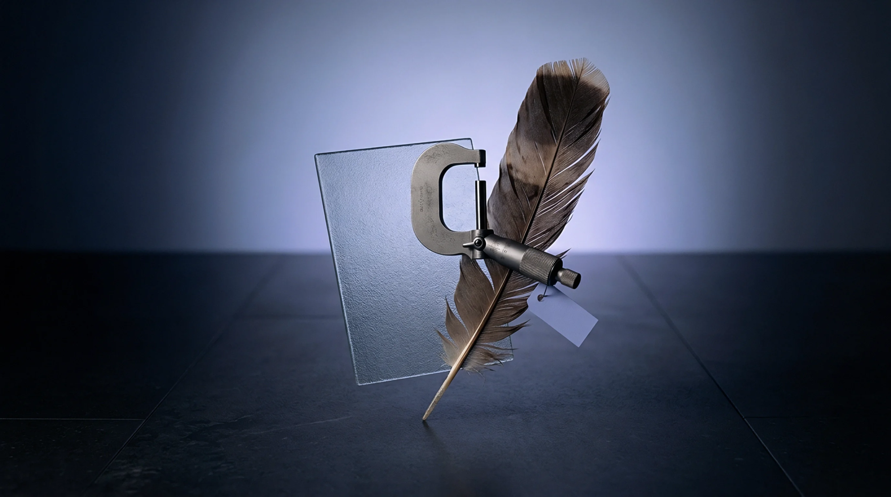 A metal micrometer sits atop a translucent glass pane and a brown feather positioned vertically on a dark tiled floor.