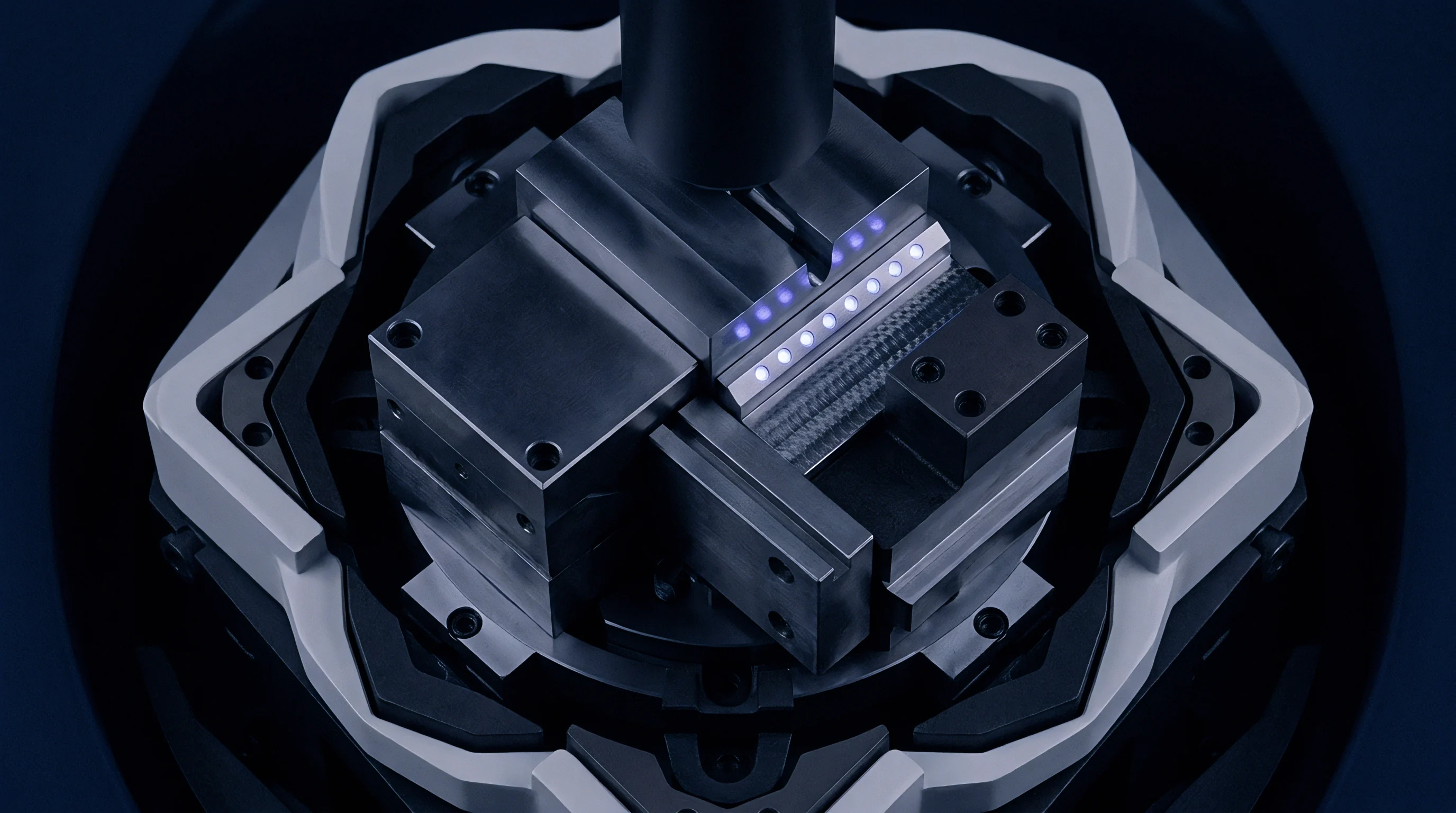 Four precision steel jaws converge on a central axis within an industrial assembly module equipped with integrated light emitting diode arrays.