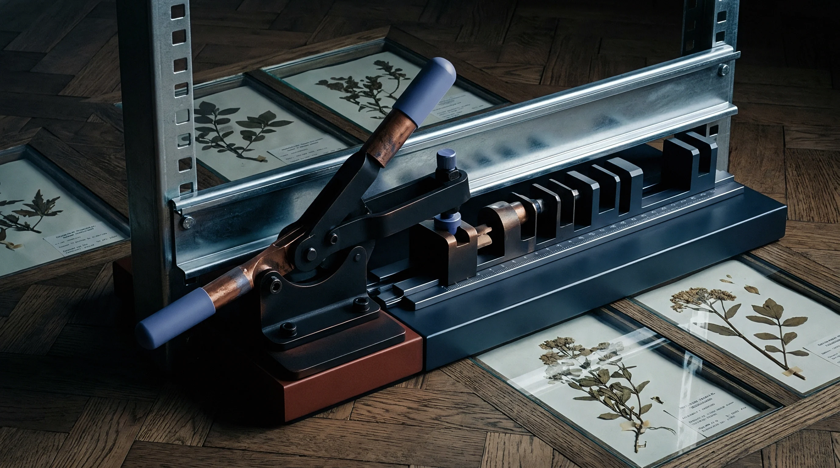 Industrial crimping tool rests on a metal base surrounded by framed botanical specimens arranged on a parquet wooden floor in a studio environment.
