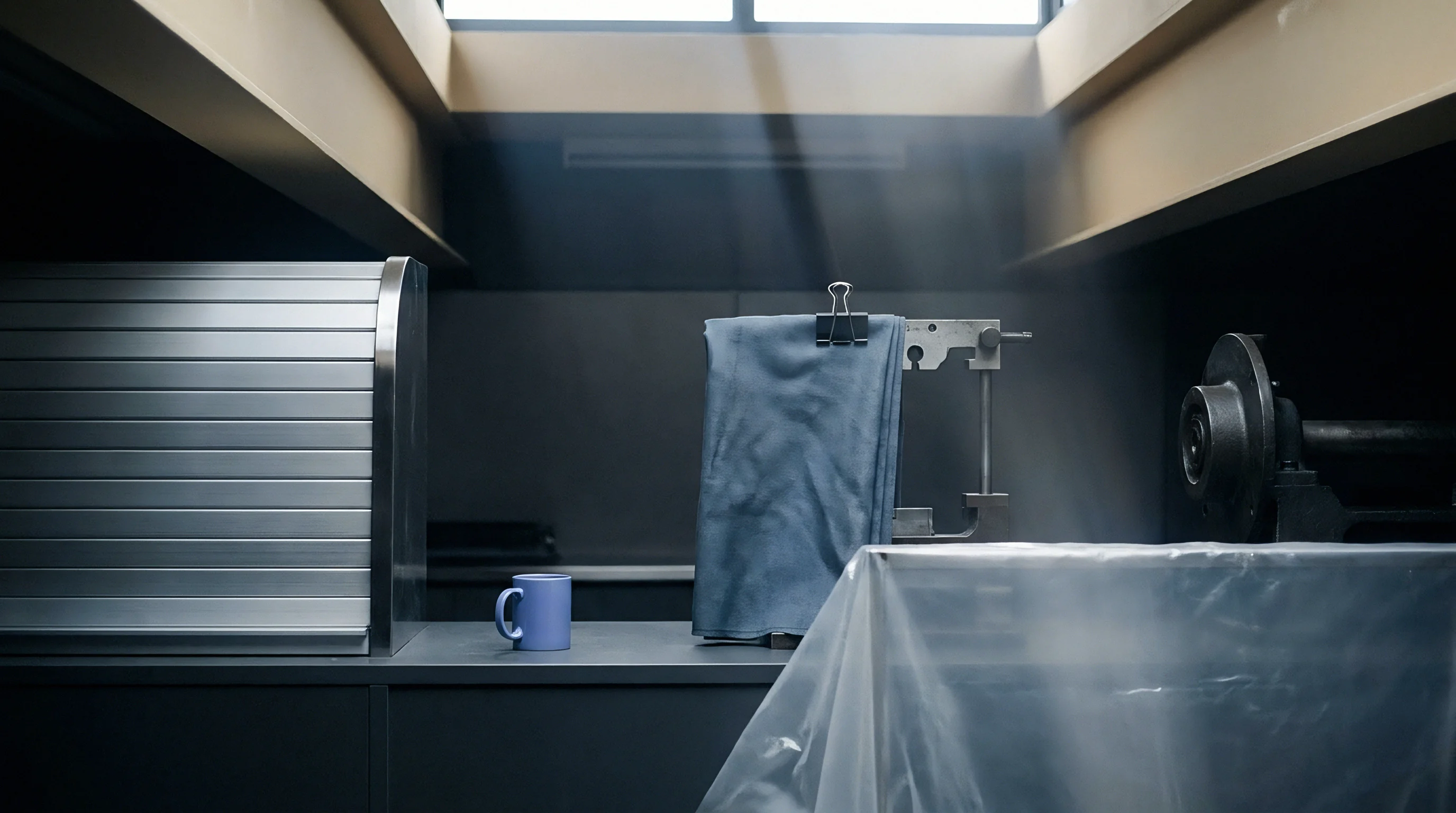 Shafts of bright light illuminate a workspace featuring a retracted metal cabinet, suspended blue fabric, and an industrial testing fixture draped in plastic.