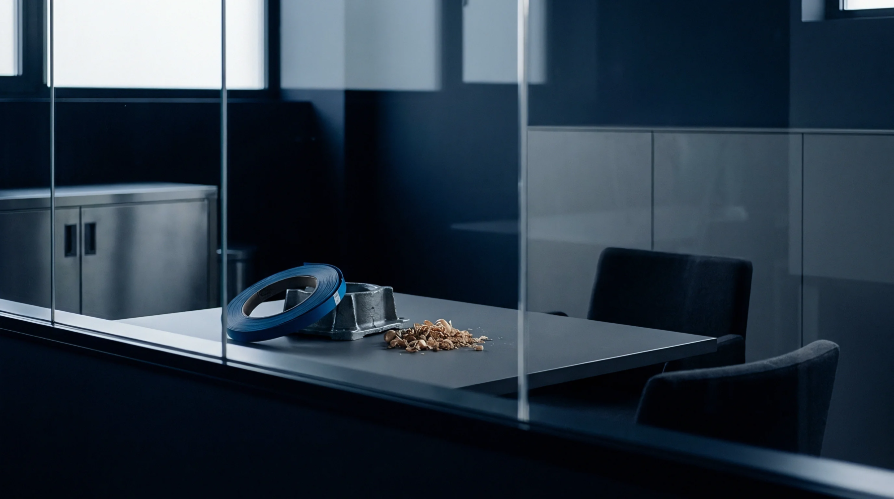 A machined metal casting sits beside blue adhesive tape and wood shavings on a grey conference table within a glass walled industrial office space.
