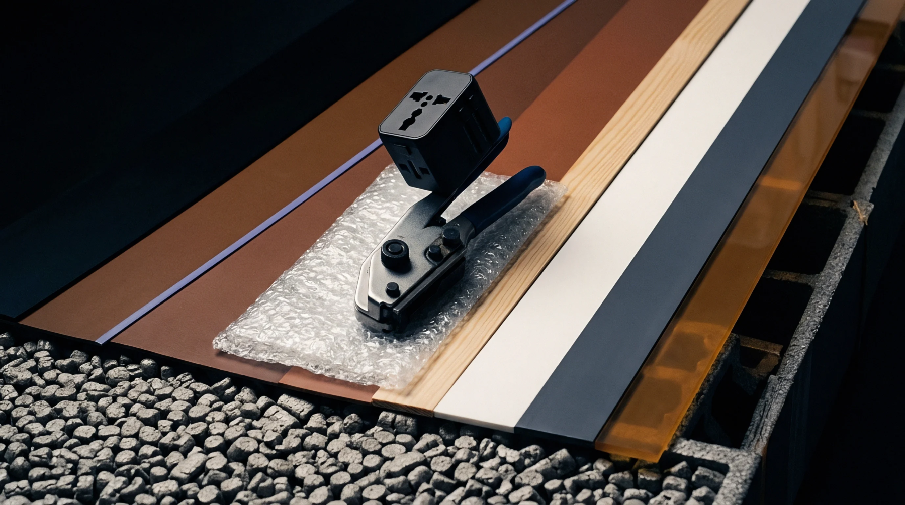 A universal adapter rests atop metal crimping pliers on bubble wrap surrounded by material swatches and raw industrial aggregate.