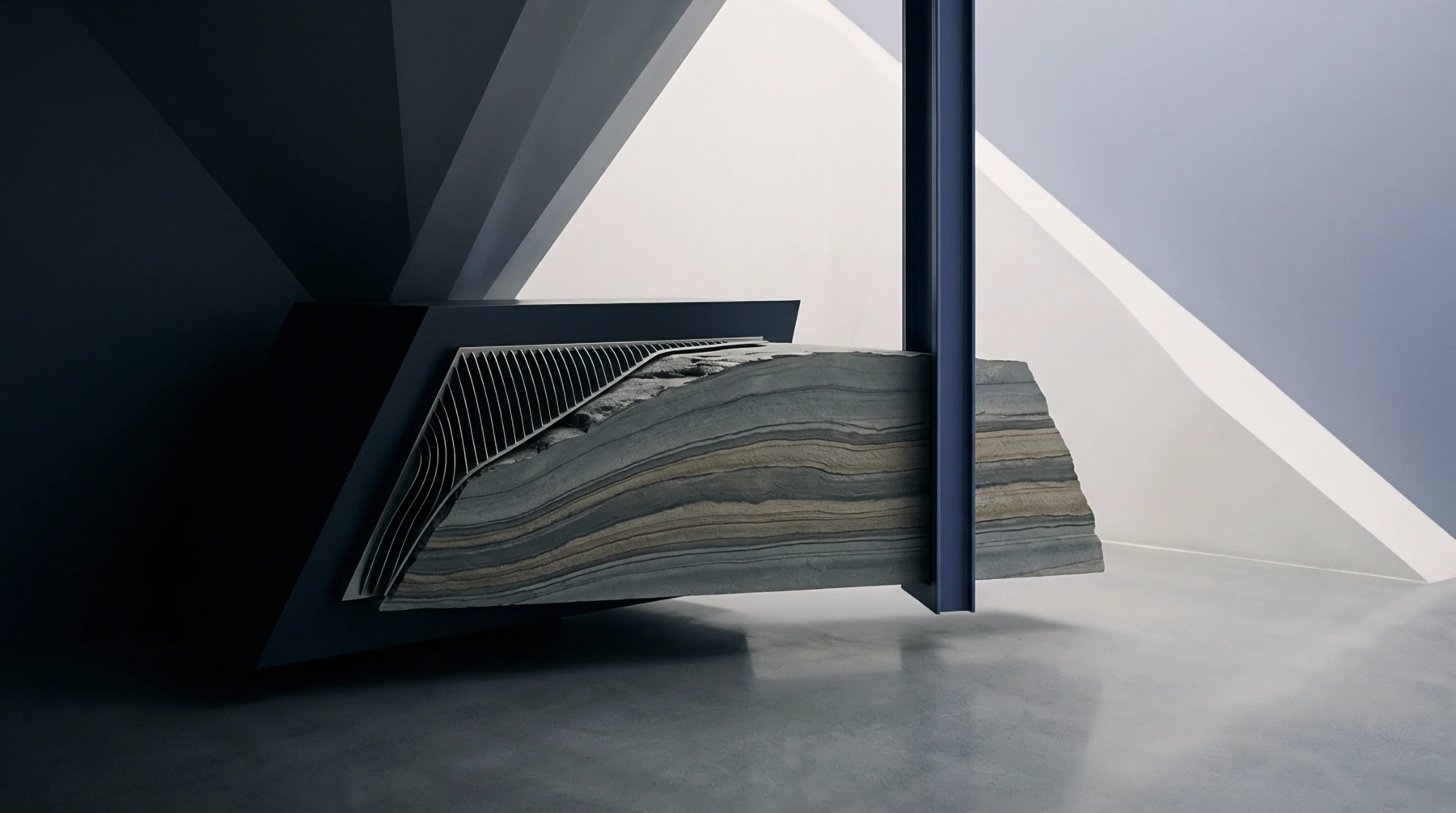 An industrial render displays a layered stone slab held by a blue steel column within an angular gray concrete structural environment.