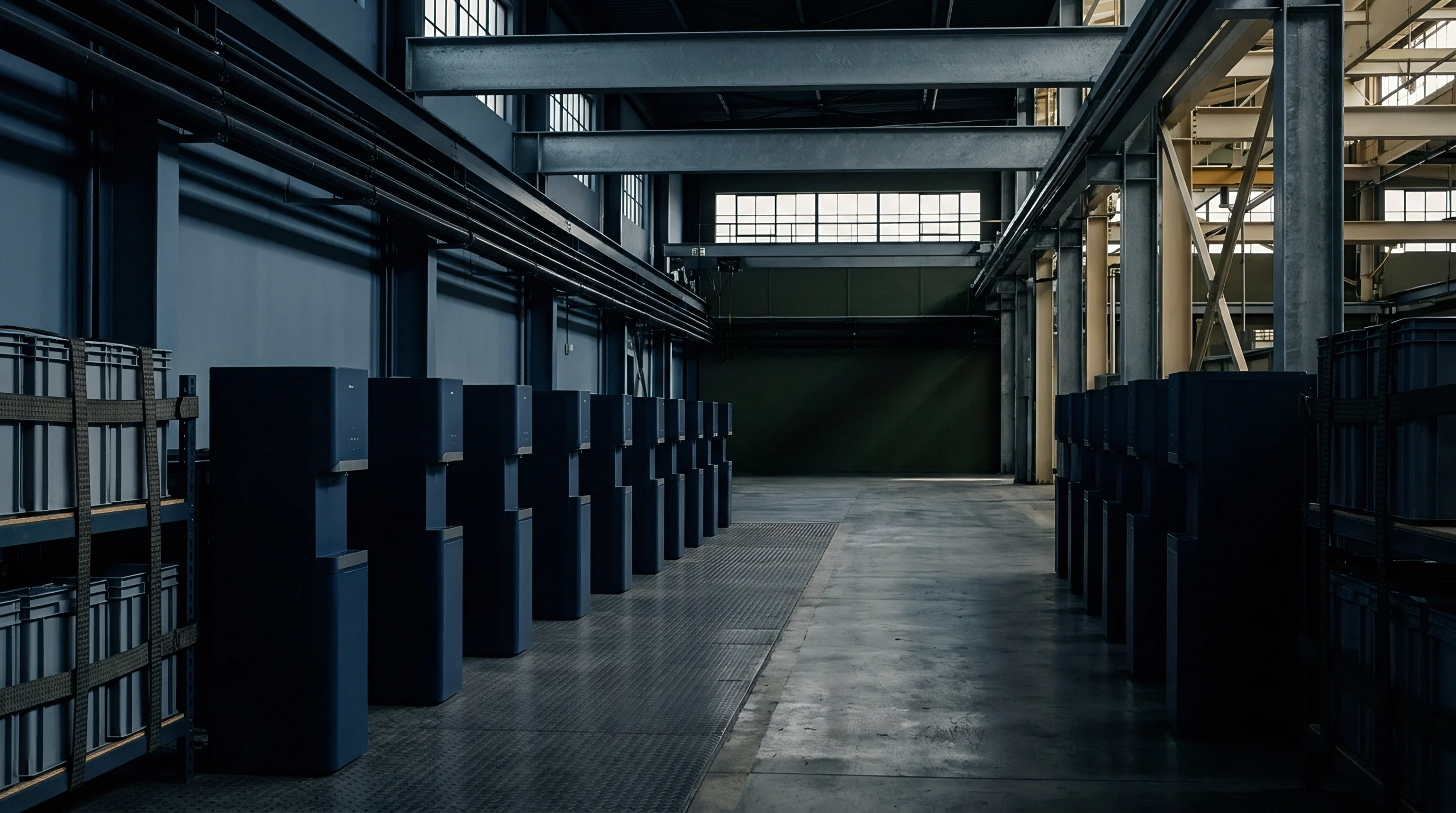 Rows of dark blue metal units stand on a concrete floor within a spacious industrial warehouse containing overhead steel framework and shelving structures.