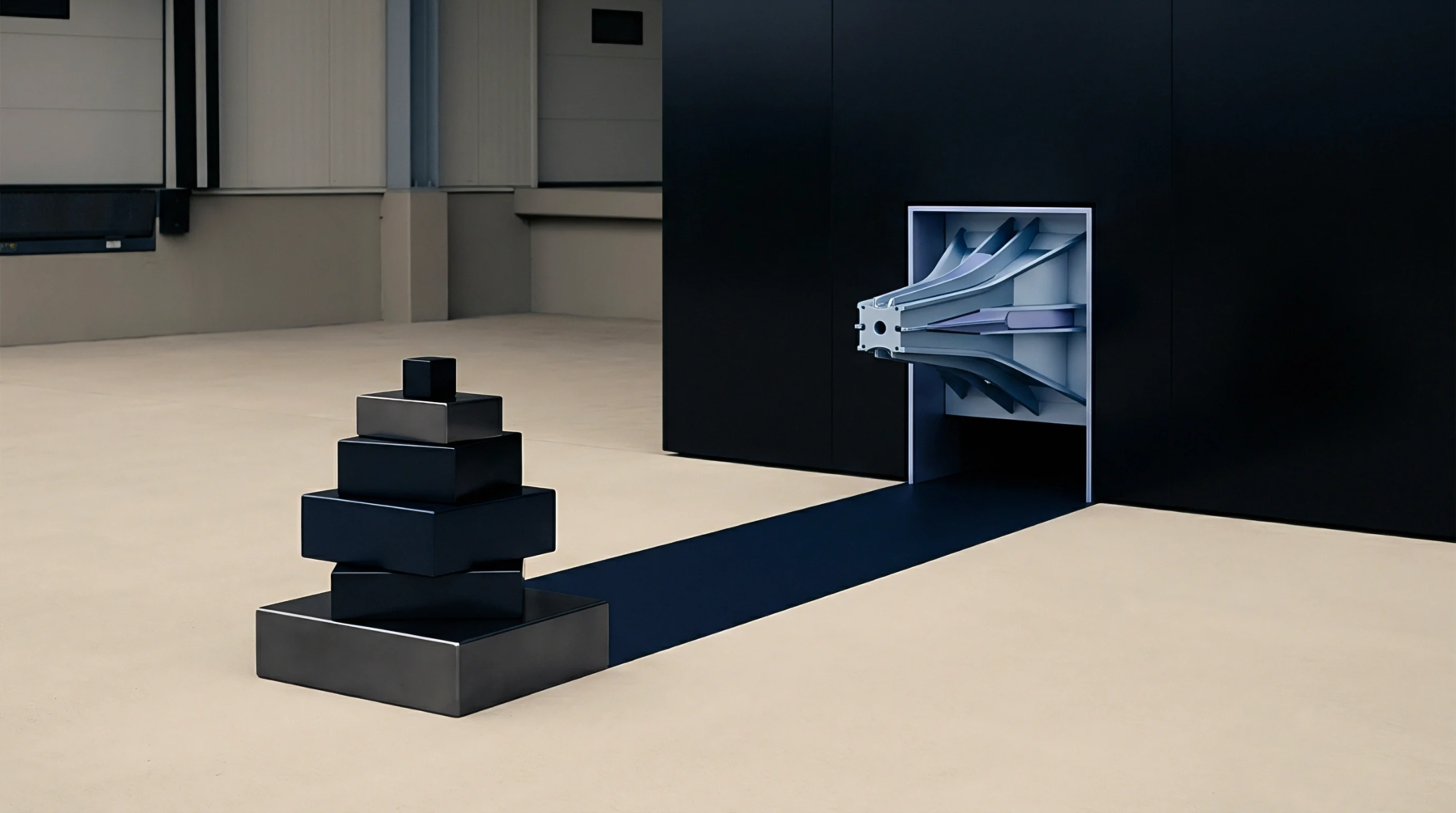 A digital render shows a stacked array of dark metallic blocks linked via a dark path toward an extrusion die inside a factory.
