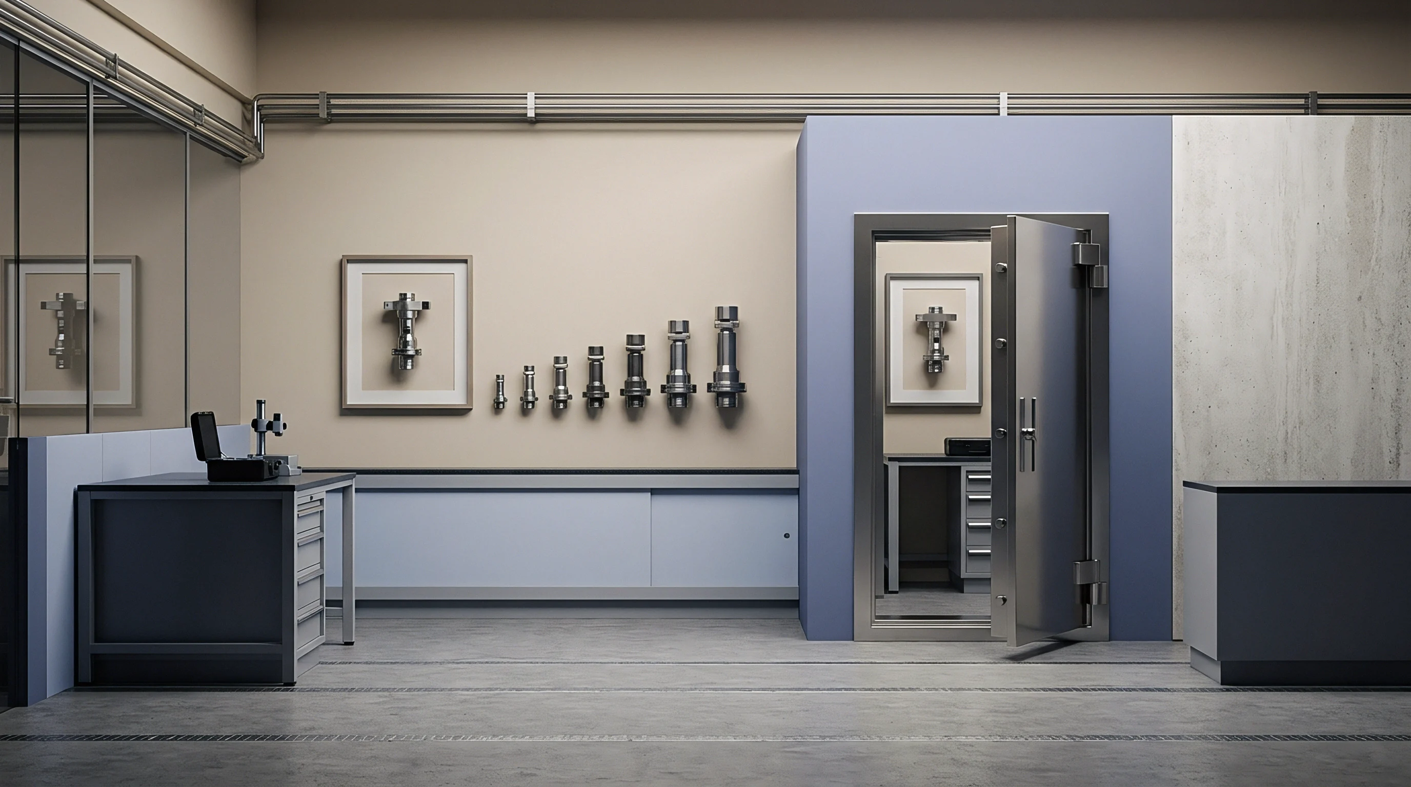 A series of precisely machined metallic industrial components, ascending in scale, displayed on a beige wall in a modern manufacturing facility.