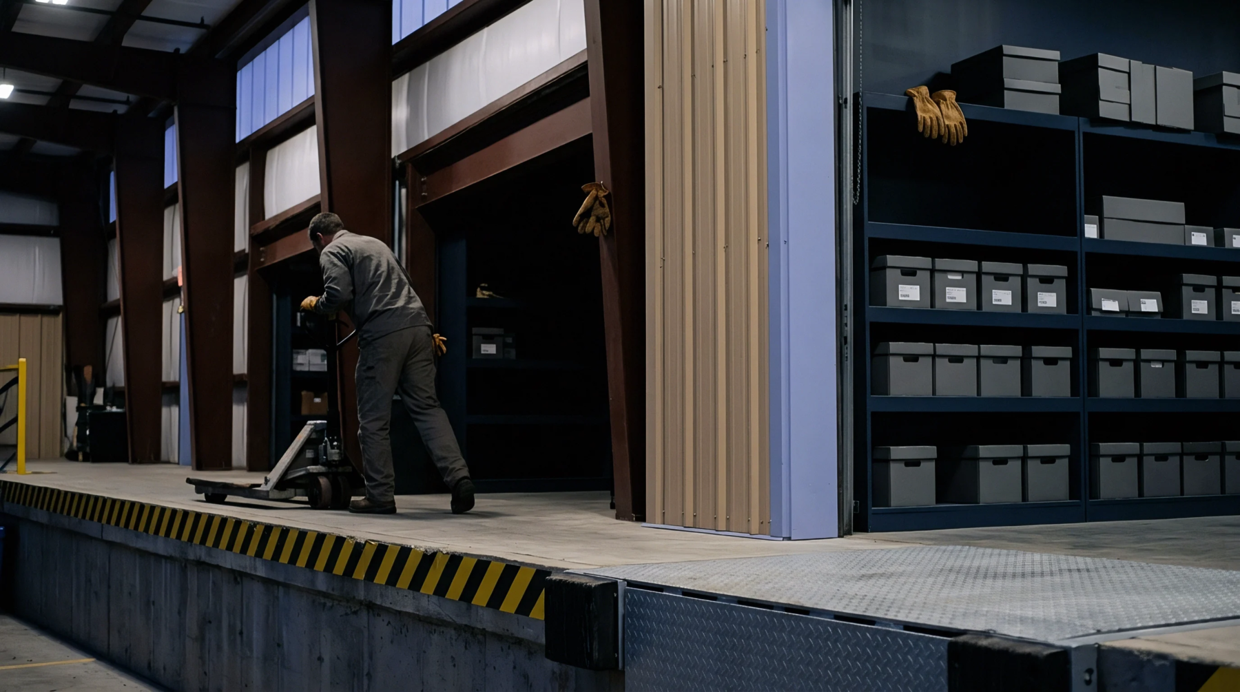High steel beams frame a concrete loading dock where a worker manages material flow using a manual pallet jack near shelving.