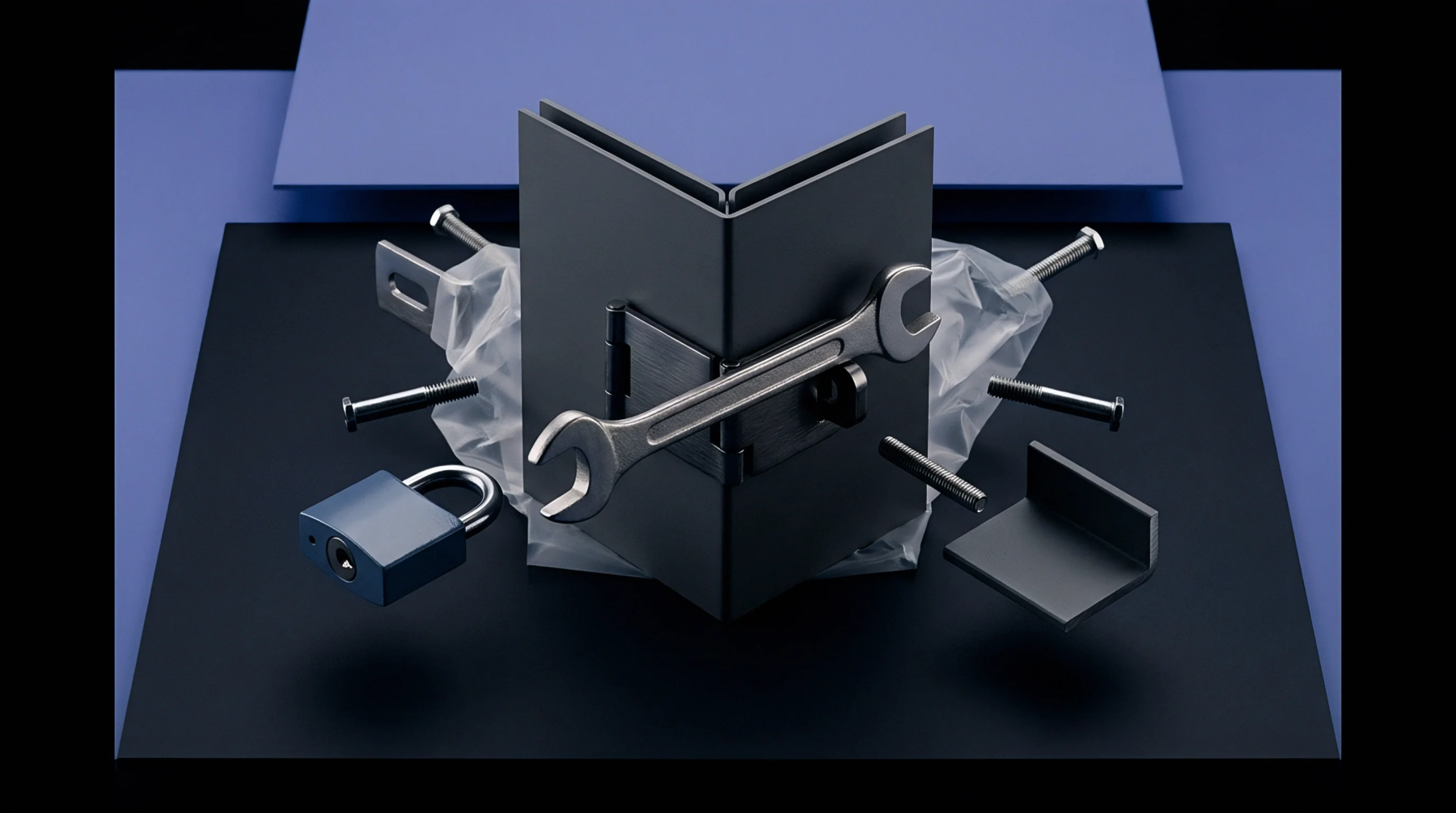 A graphic render contains industrial hardware items including an assembly hinge bolts a blue padlock a wrench and structural angle components.