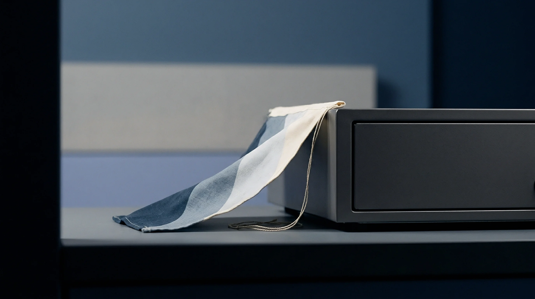 Heavy duty steel enclosure sits on an assembly workbench alongside a striped textile sample pouch inside a production facility.
