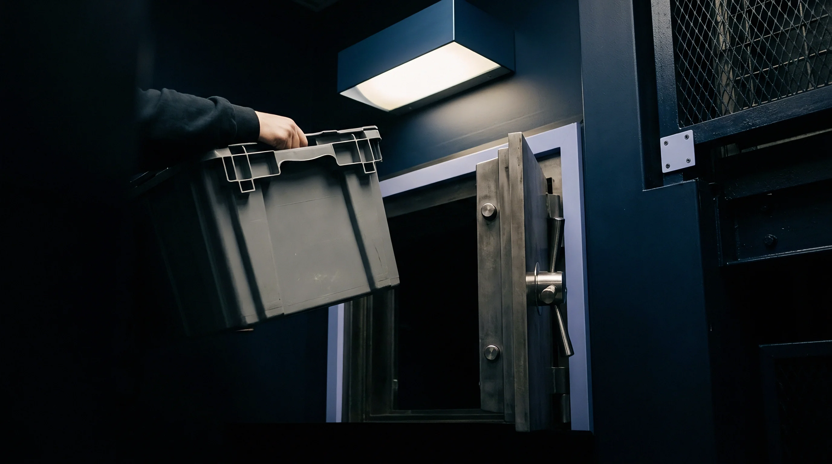 An operator loads a gray plastic tote into a heavy steel vault door within a secure industrial production facility storage room.