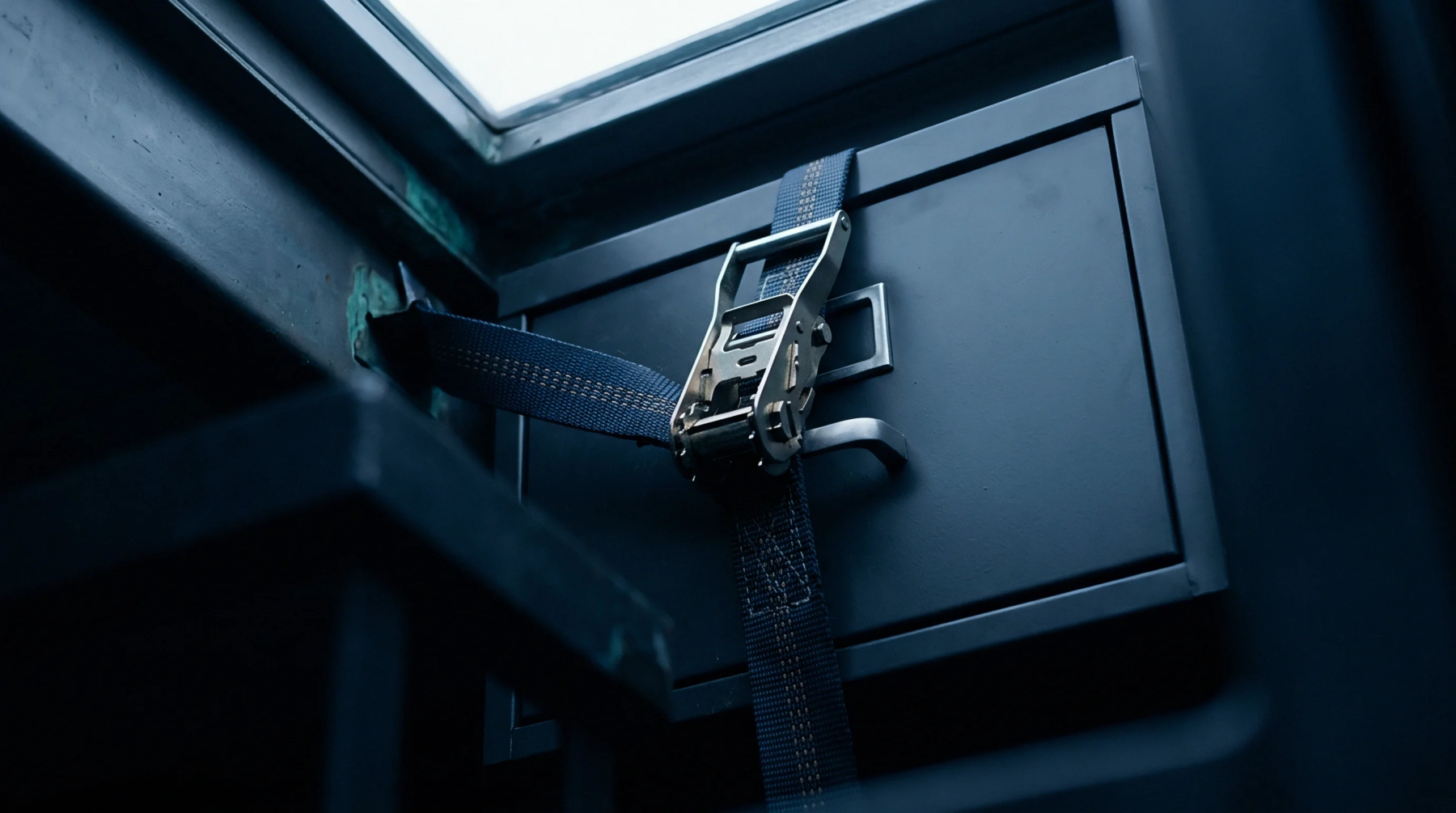 Synthetic webbing secures a metal enclosure against a structural steel beam to maintain load stability within a shipping container for industrial transit.