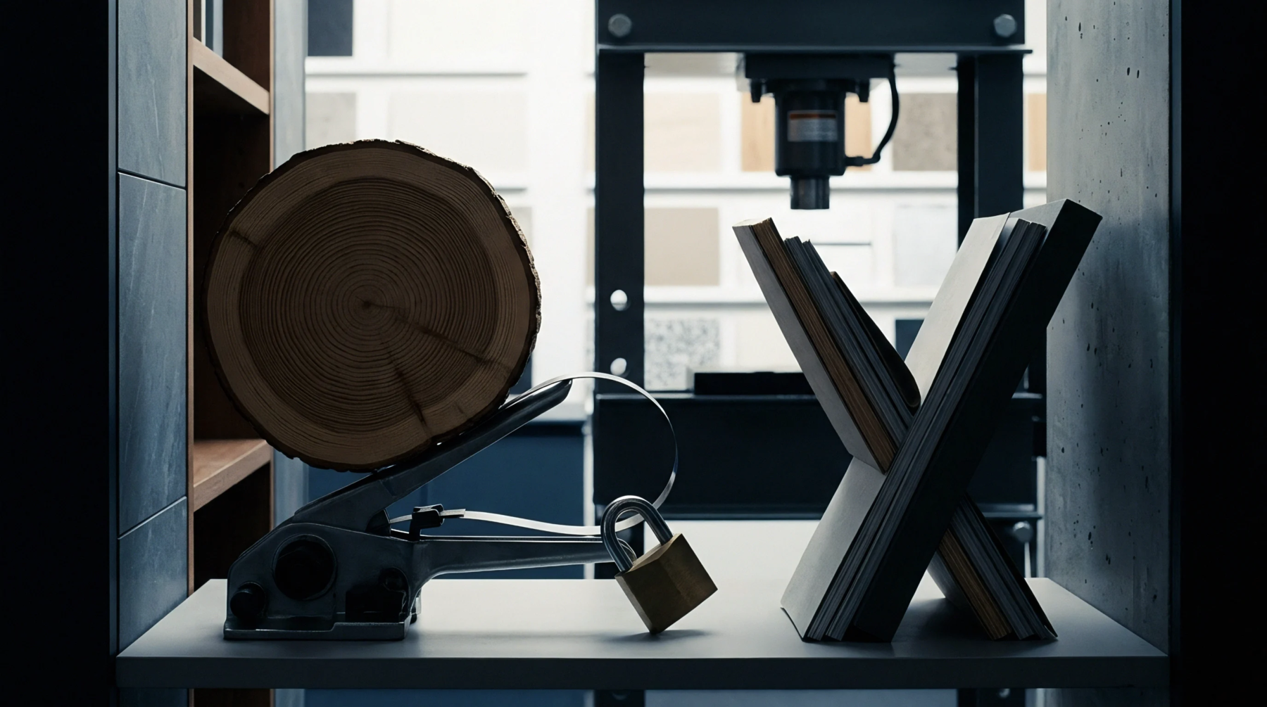 A clamped timber cross section and bound documents rest on a workshop shelf before an industrial press machine.