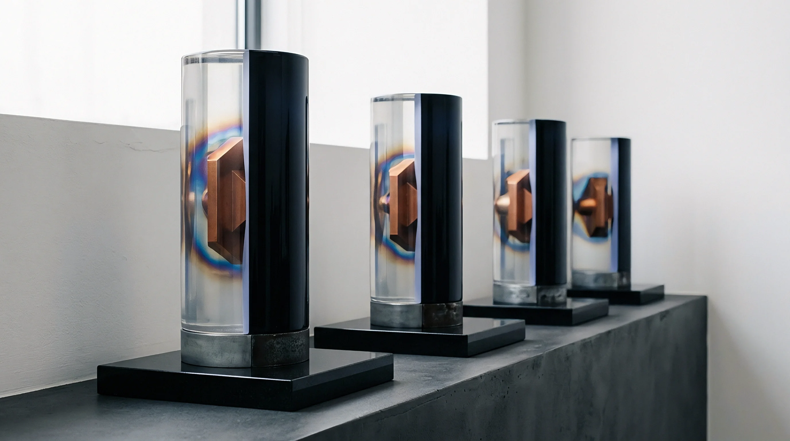 Four cylindrical objects made from polymer and metal stand aligned on a dark counter inside an industrial facility.