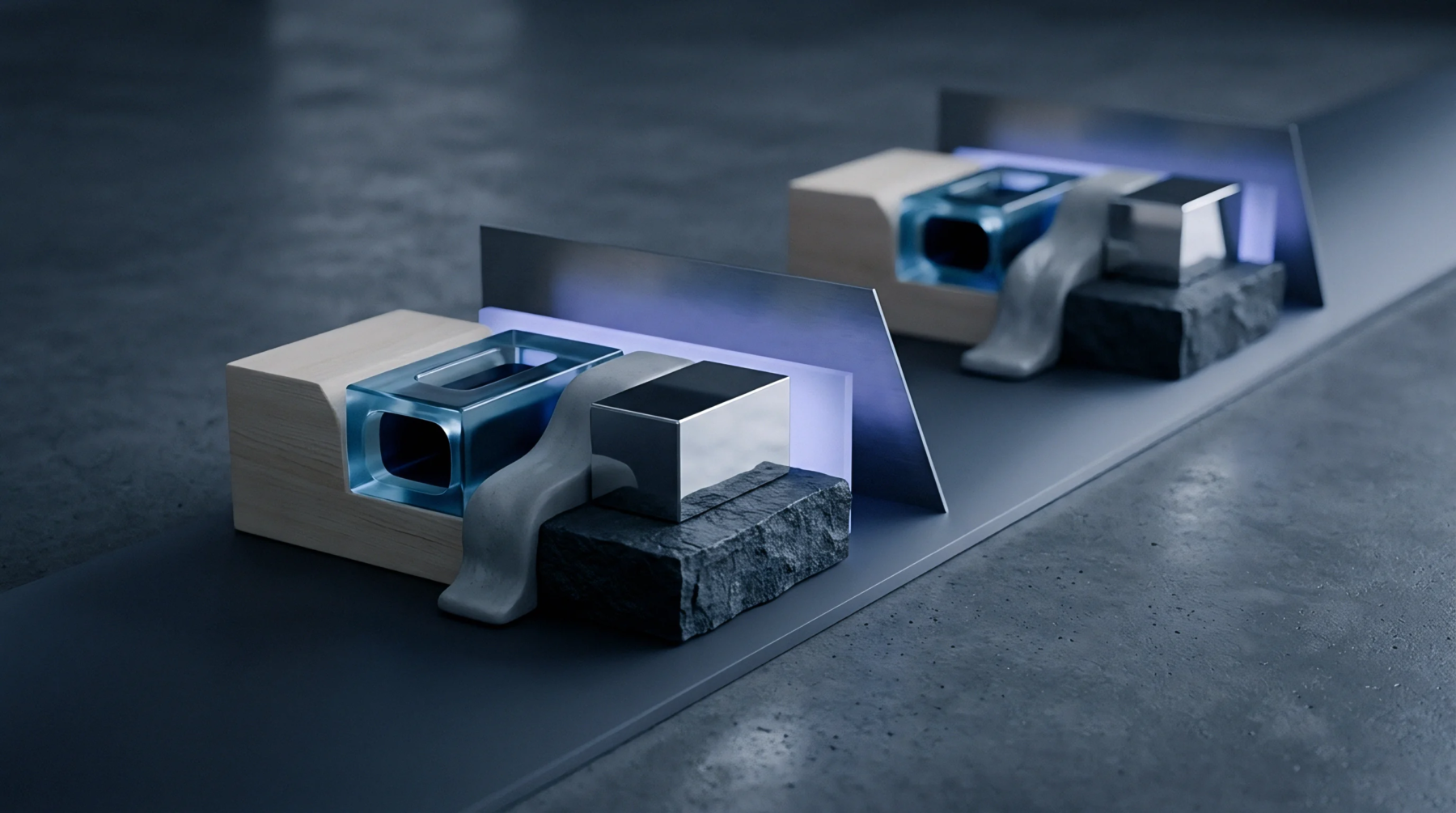 A sequence of computer generated industrial modules composed of wood glass metal and stone align upon a flat dark grey platform.