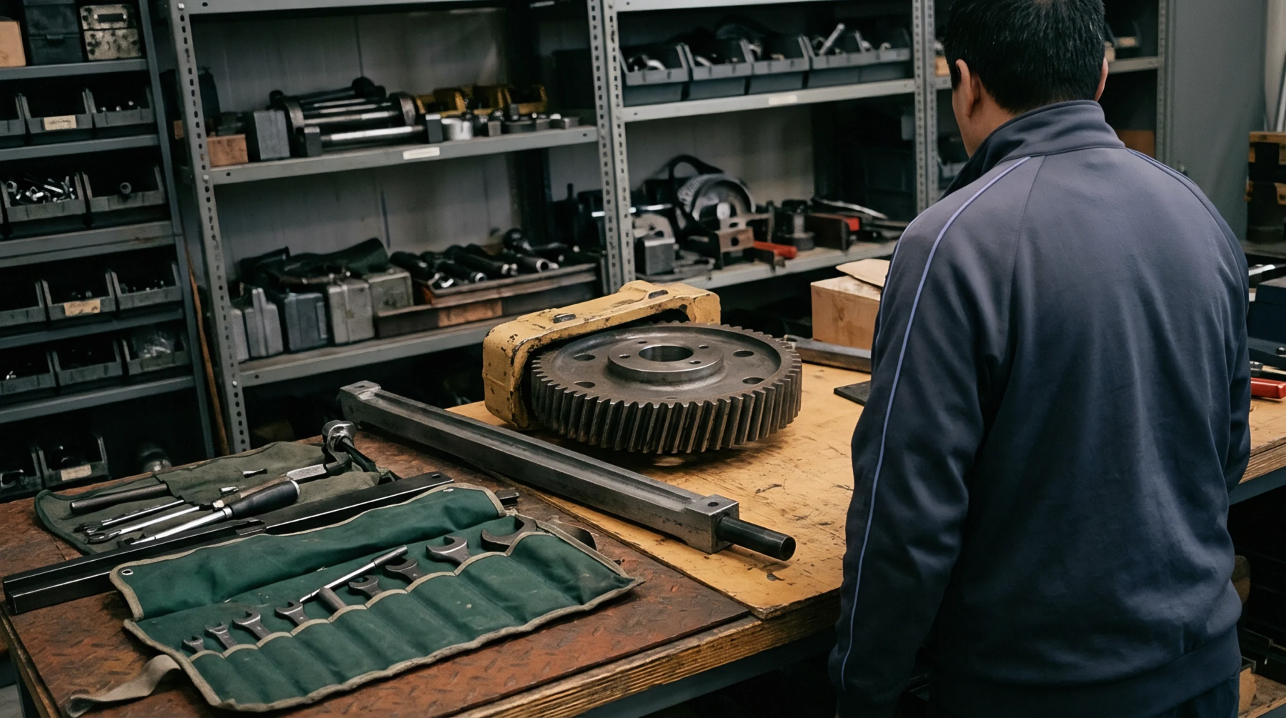 A maintenance technician stands before a workbench holding a large steel gear and drive shaft inside a tool storage workshop.