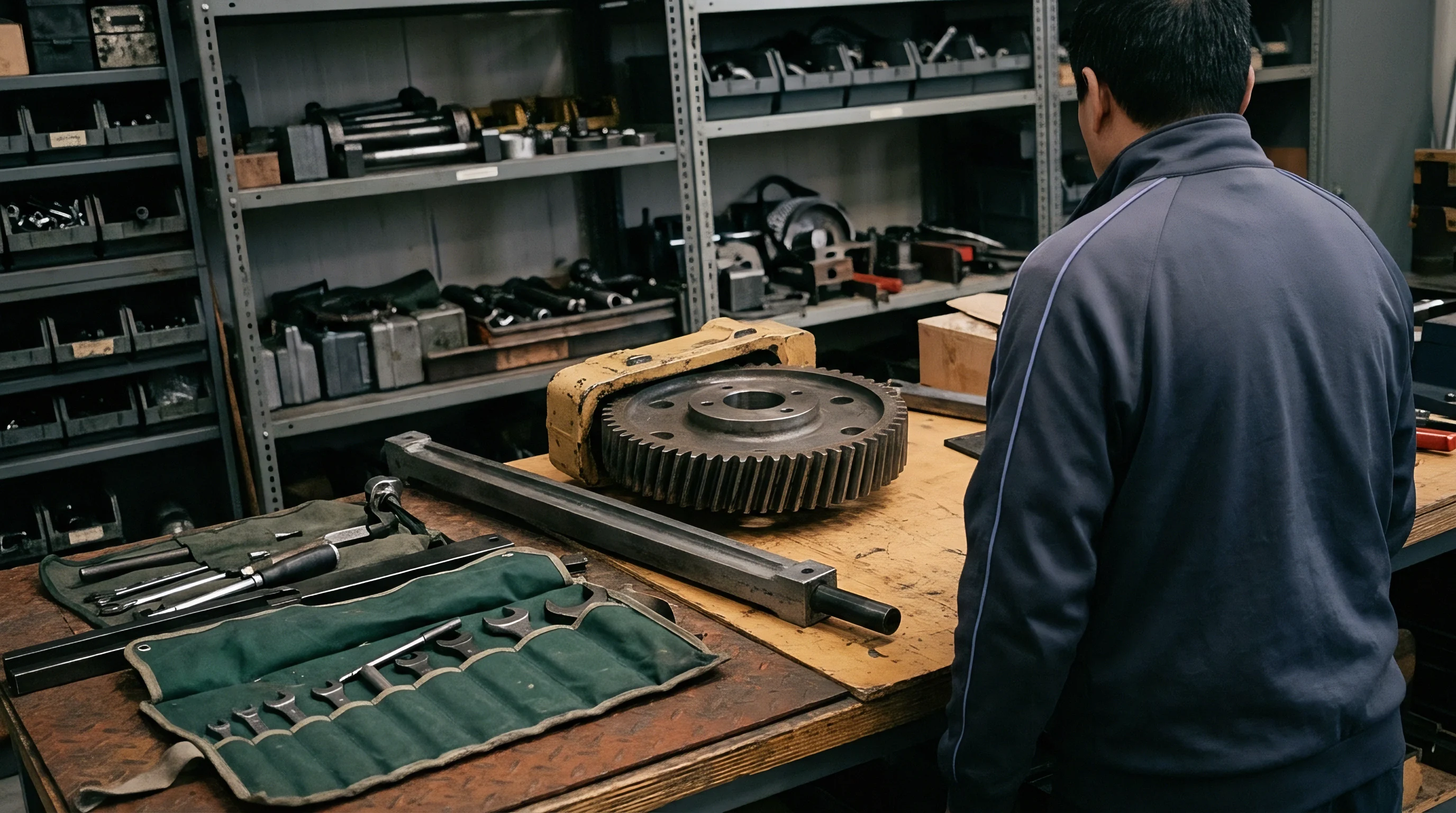 A maintenance technician stands before a workbench holding a large steel gear and drive shaft inside a tool storage workshop.