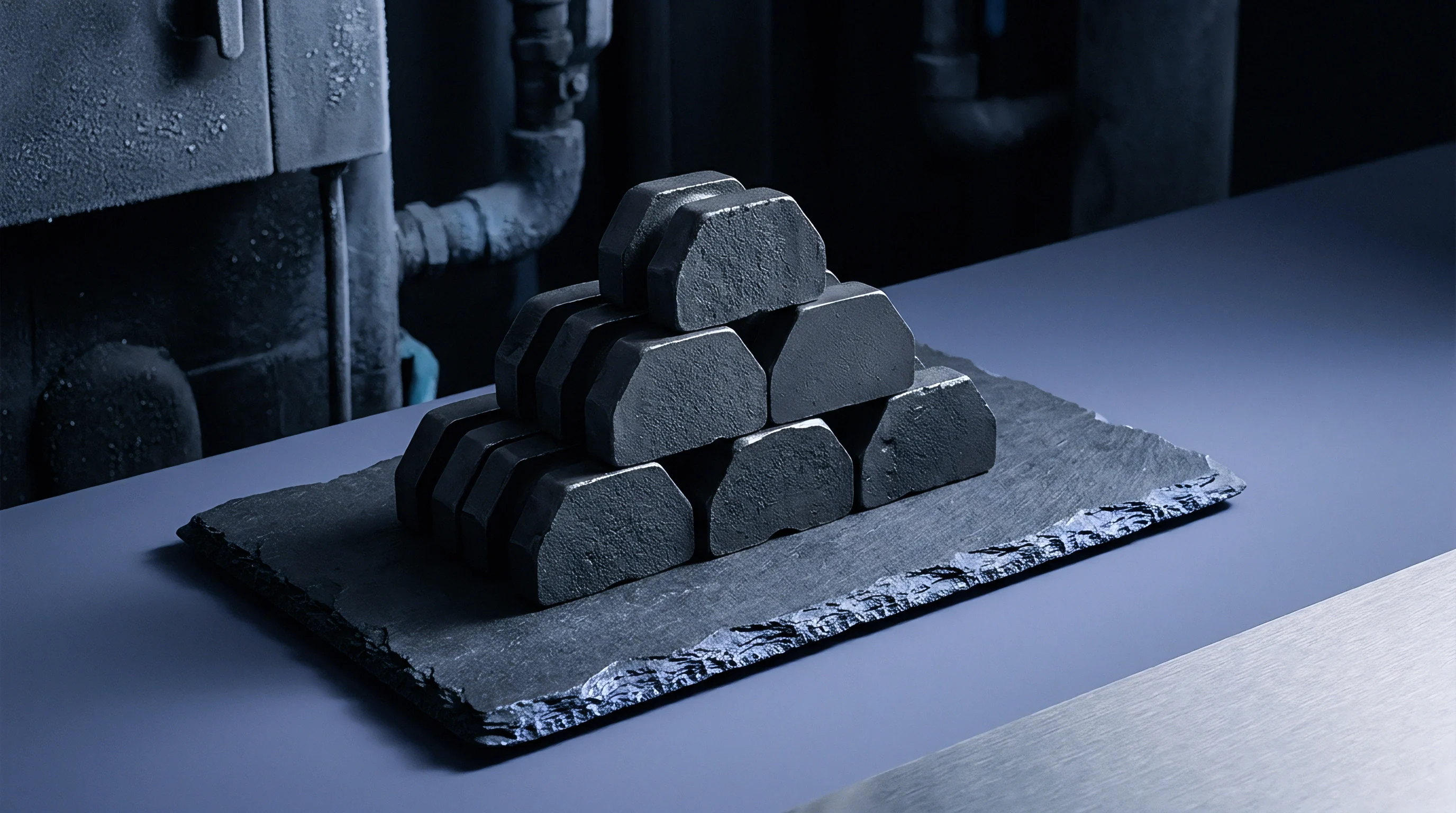 Dark cast metal ingots sit in a stacked formation upon a slate slab within a heavy industrial processing zone.