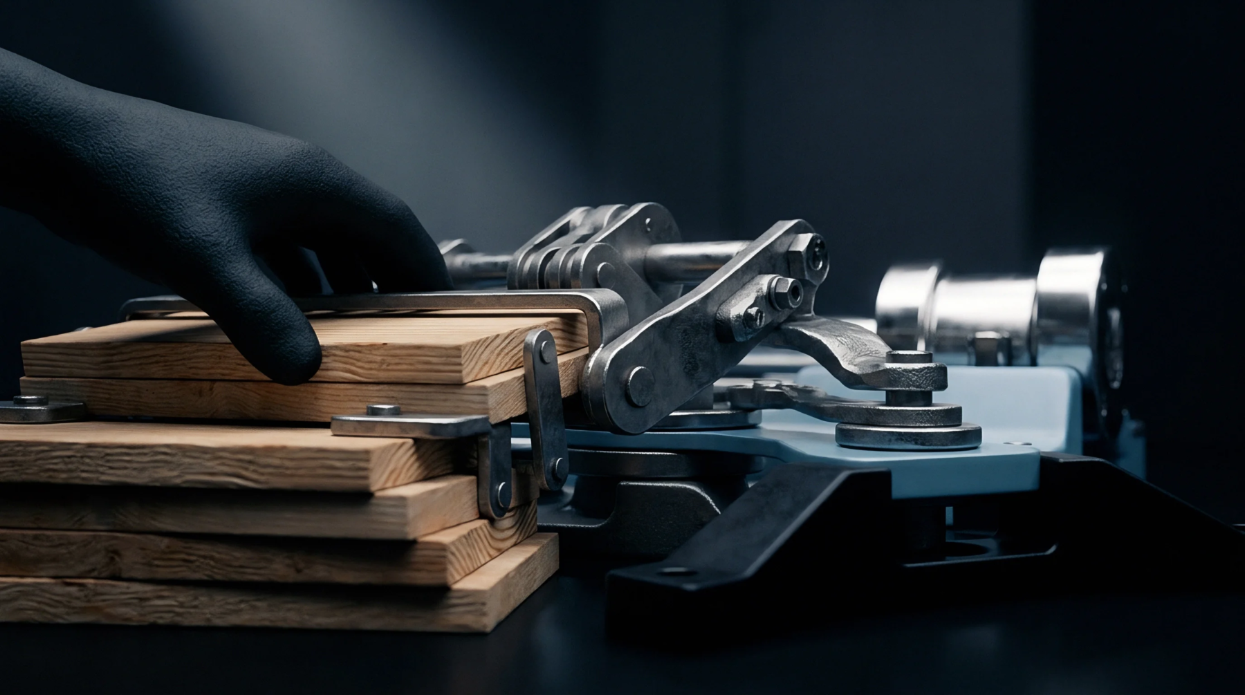 A black gloved hand aligns a stack of lumber within a mechanical compression jig for high volume industrial batch assembly operations.