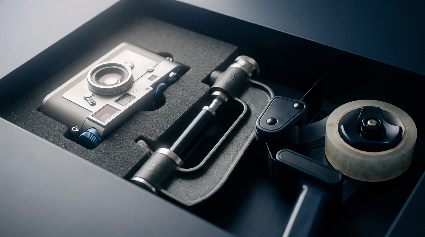 Precision measurement instruments optical devices and adhesive dispensers rest securely within custom cutouts of a dense foam insert inside a heavy drawer.