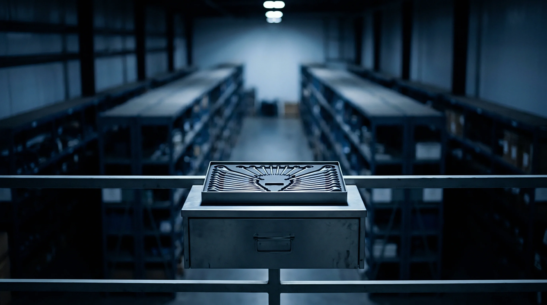 Metal storage cabinetry holds an organized foam insert containing various steel wrenches on an elevated walkway inside a vast industrial warehouse.