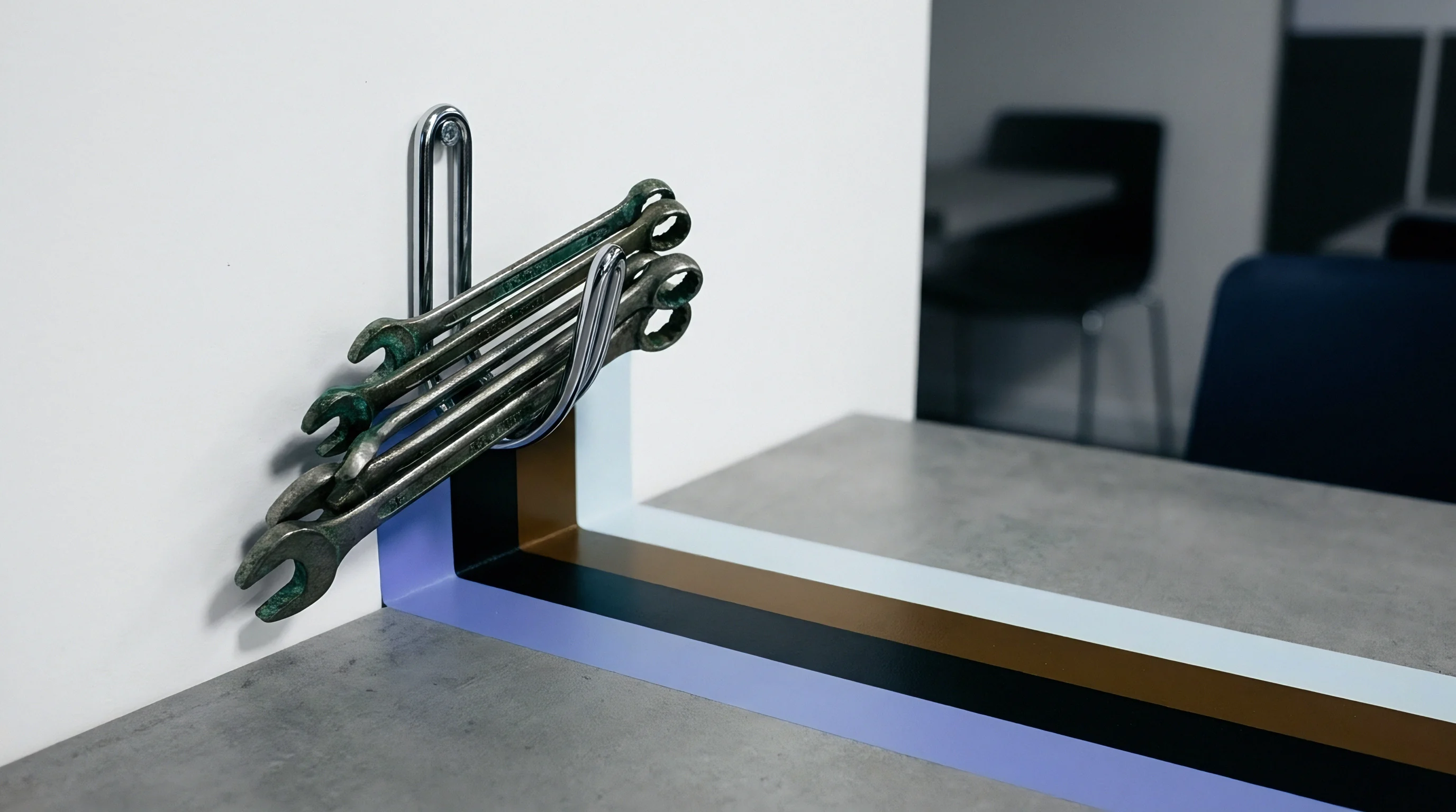 Several metal wrenches hang vertically on a metal rack positioned against a painted wall beside a grey workbench surface.