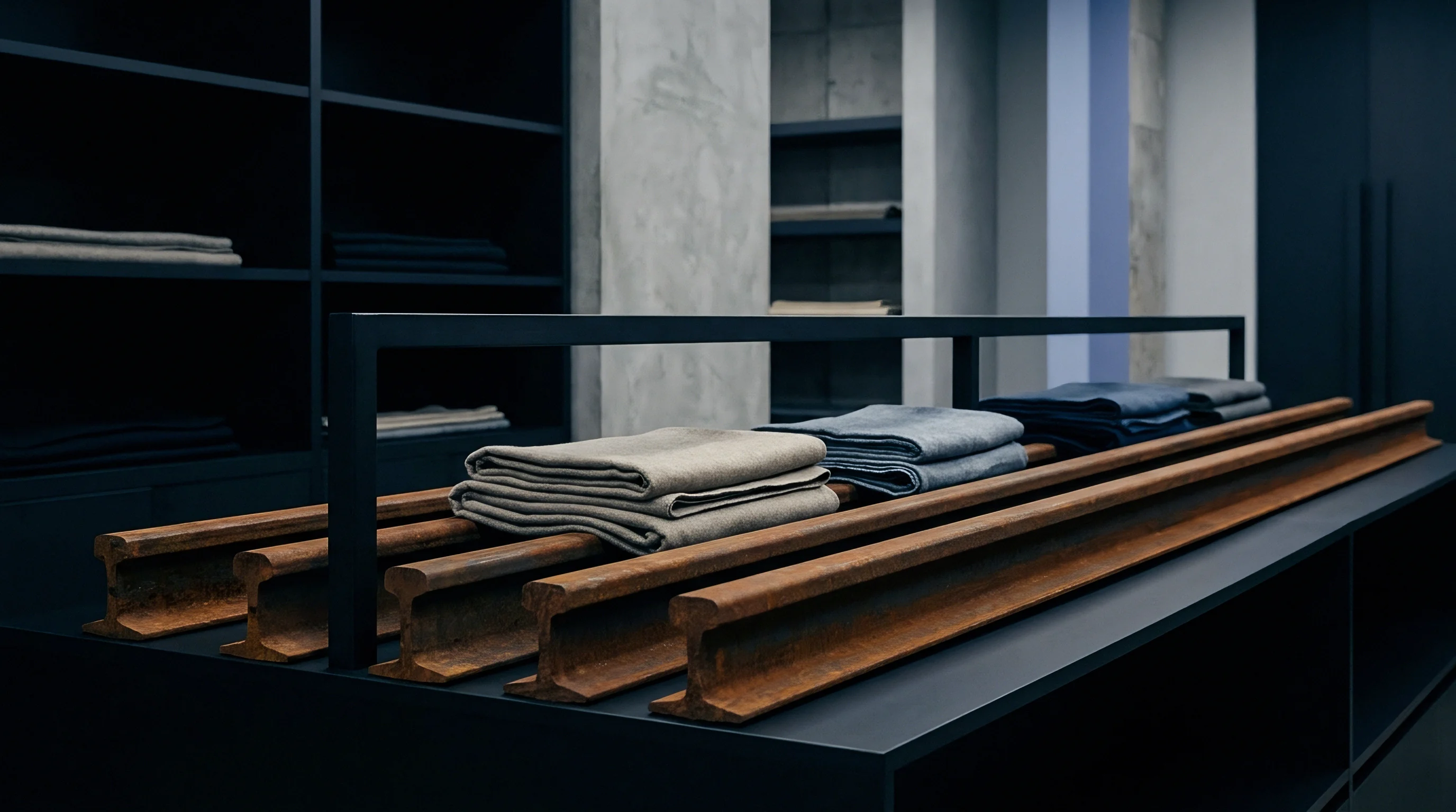 Oxidized steel rail segments support stacks of folded textile inventory within an industrial workspace shelving unit.